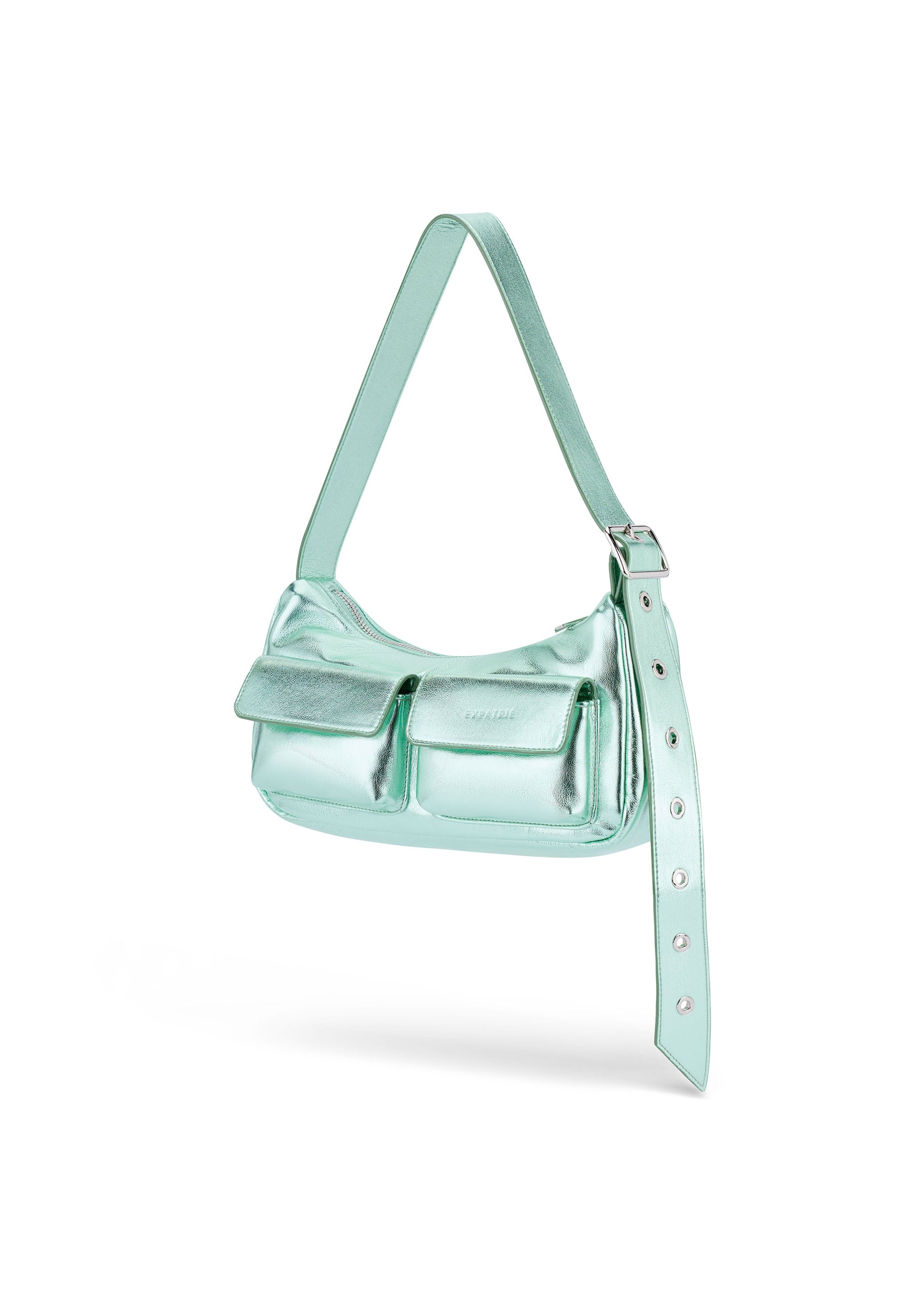 Grüne metallic Handtasche ELECTRA mit zwei Fronttaschen und verstellbarem Schulterriemen