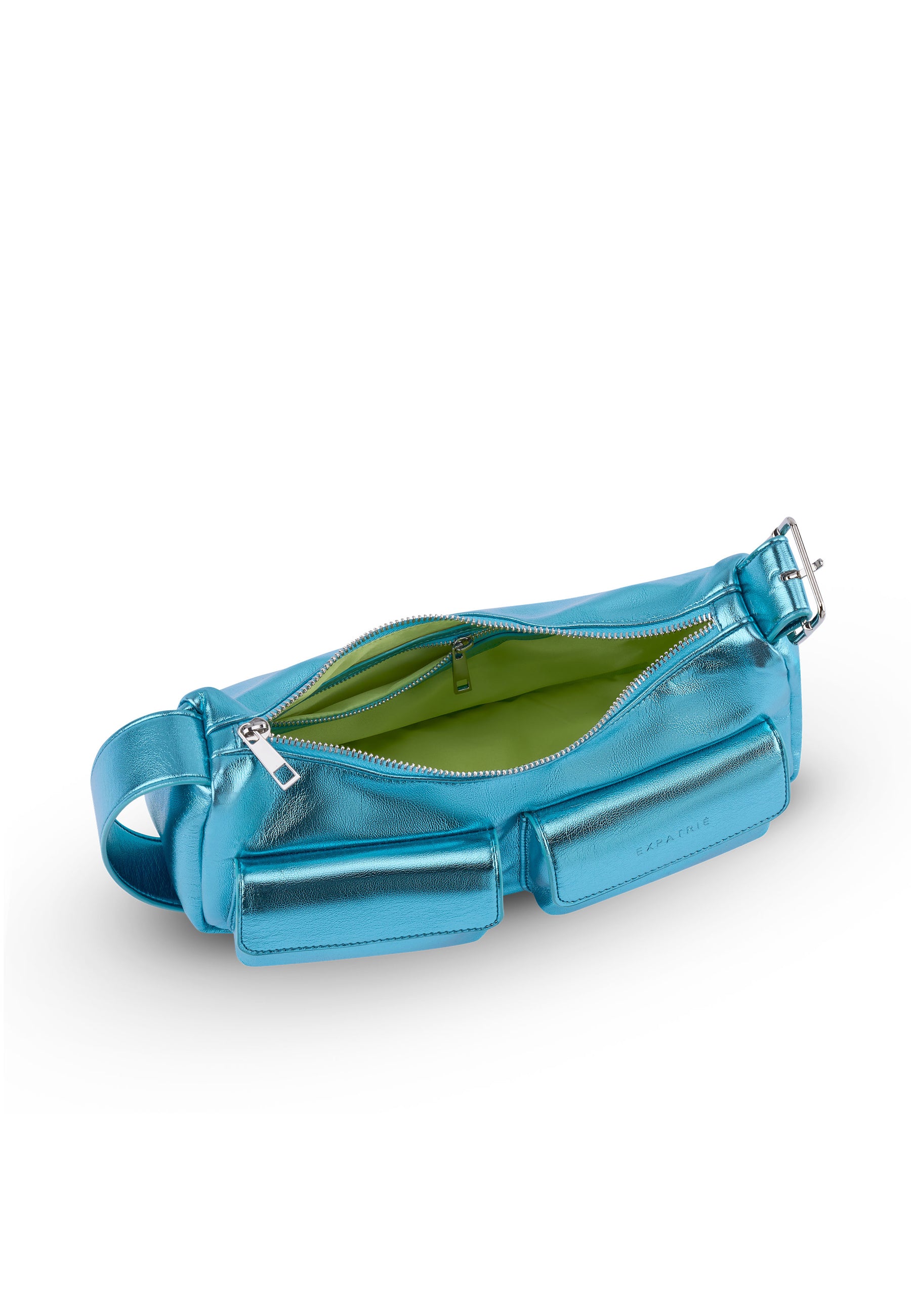 Metallic blaue ELECTRA Handtasche mit grünem Innenfutter und Reißverschluss