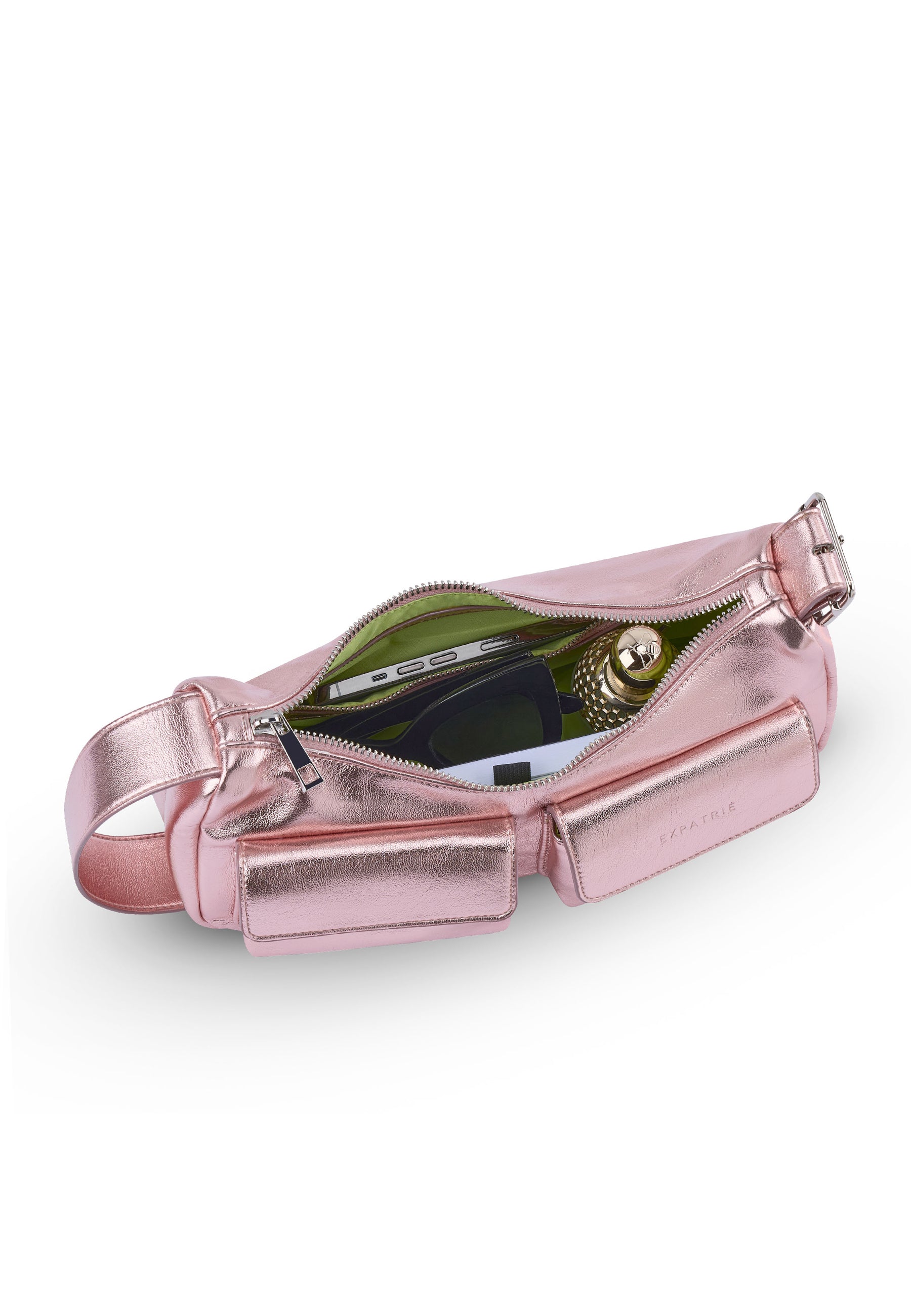Metallic-roségoldene ELECTRA Handtasche mit Reißverschluss, sichtbar: Smartphone, Parfüm, Brille