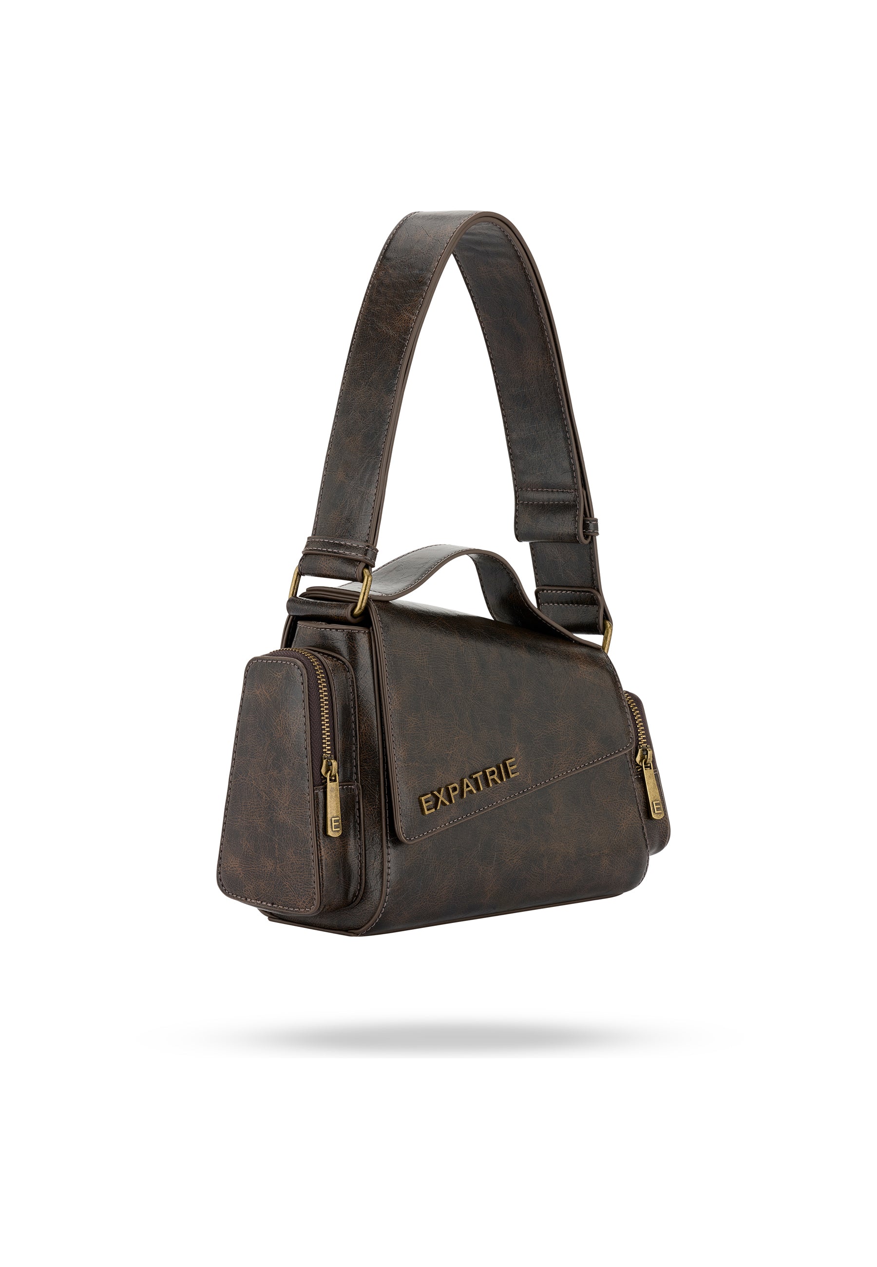 Braune HUNTER Handtasche aus Leder mit seitlichen Reißverschlusstaschen und breitem Schulterriemen