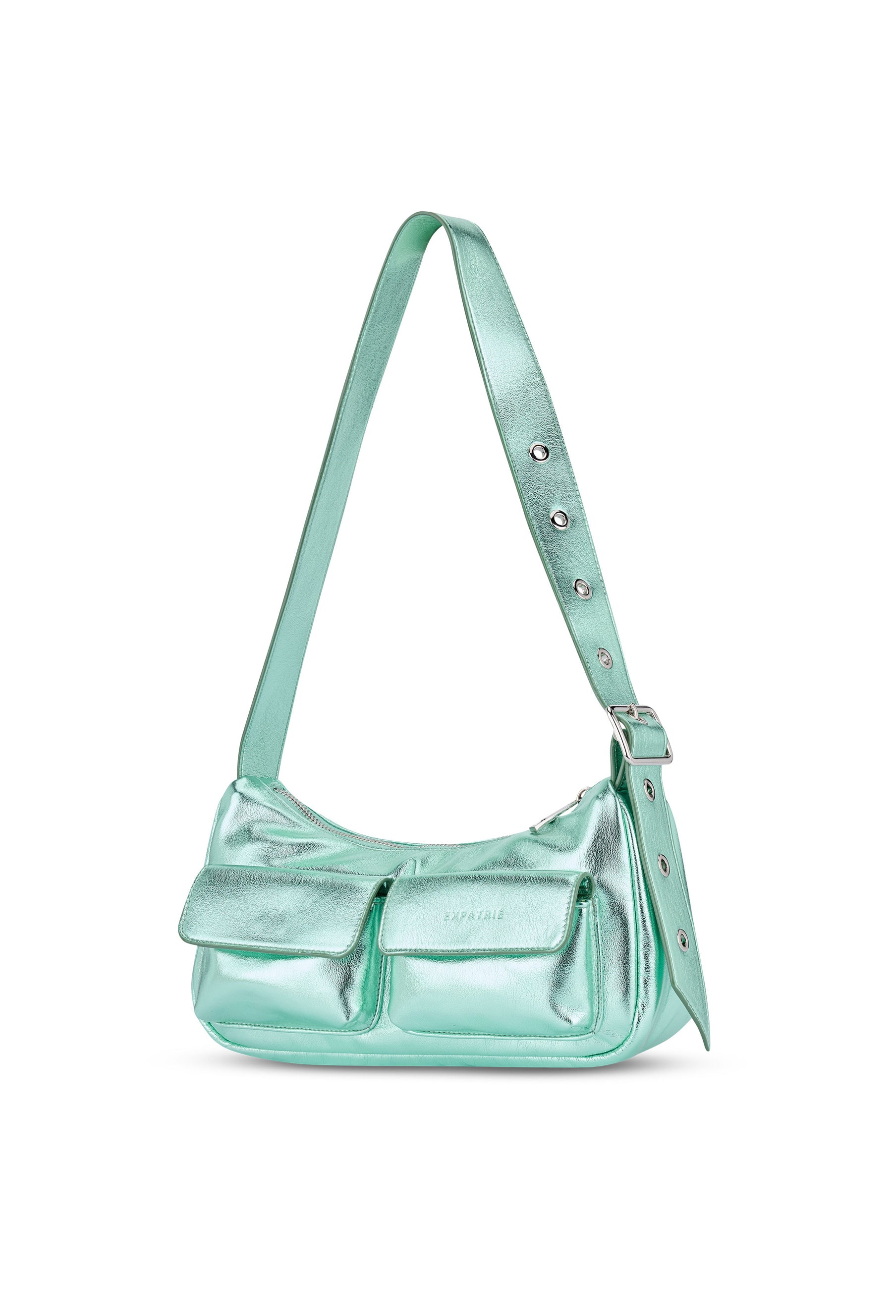 Grüne metallic Handtasche 'ELECTRA' mit zwei vorderen Taschen und verstellbarem Riemen