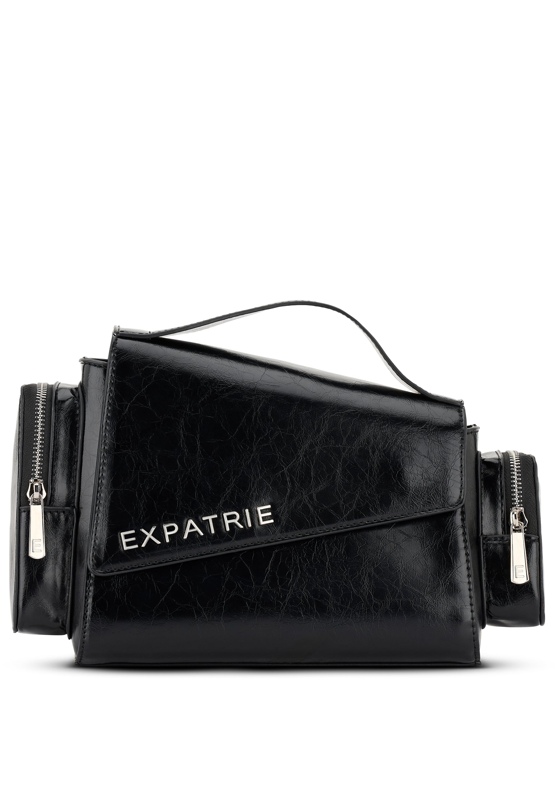 Schwarze Vintage-Handtasche HUNTER von Expatrié mit asymmetrischer Klappe und zwei Reißverschlusstaschen seitlich