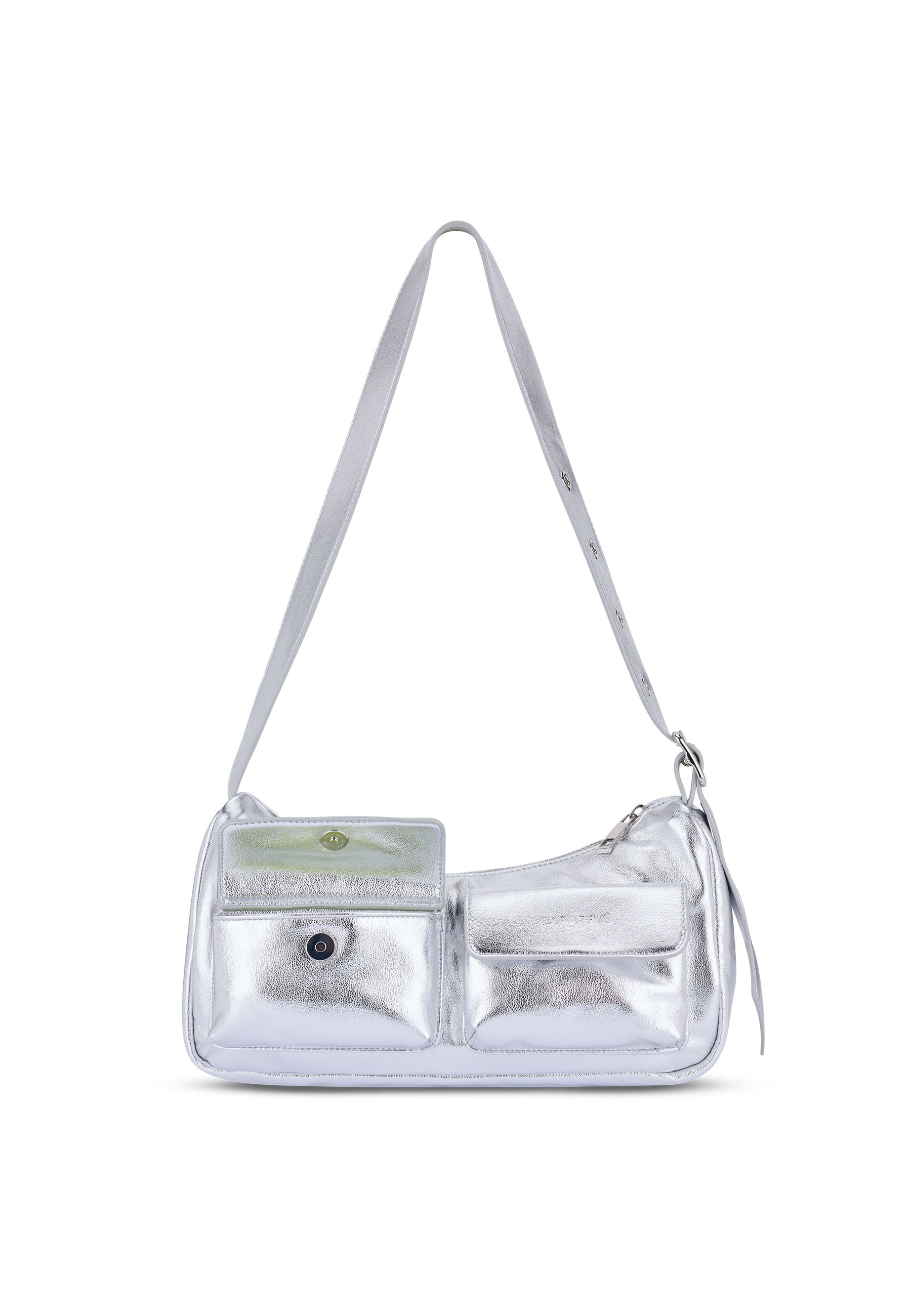 Silberne ELECTRA Handtasche mit verstellbarem Schulterriemen und zwei aufgesetzten Taschen
