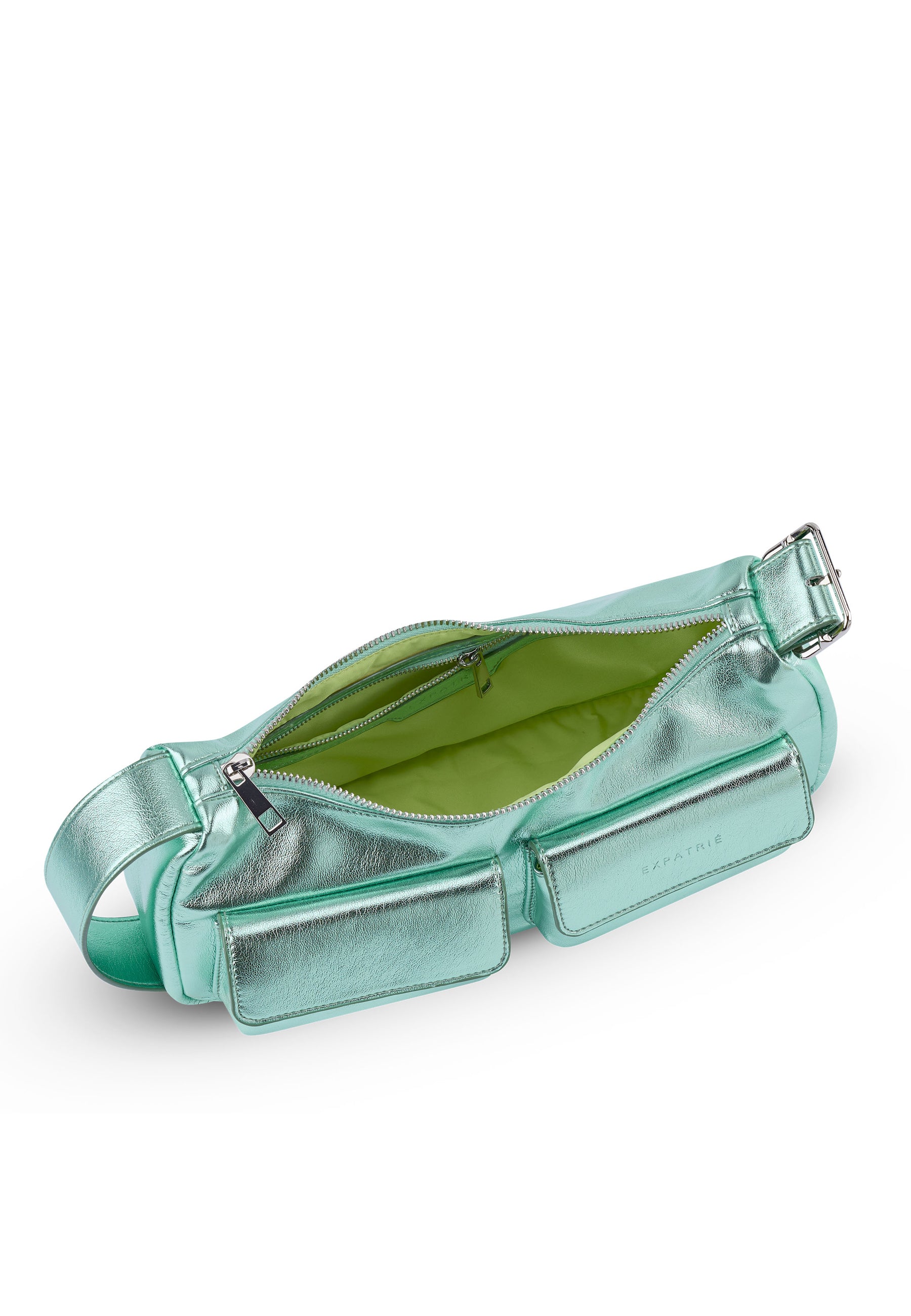 Metallic grüne Electra Handtasche mit Reißverschluss und zwei aufgesetzten Taschen, grün gefüttert