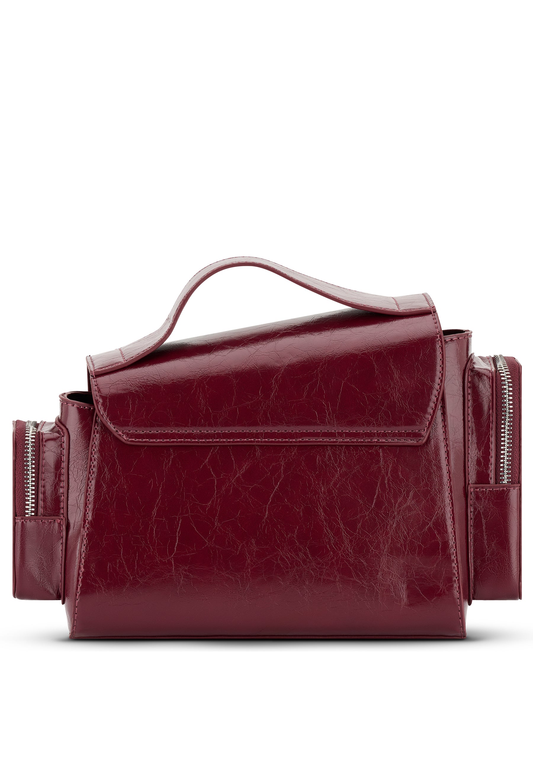 HUNTER Handtasche in weinrot mit asymmetrischem Deckel und seitlichen Reißverschlusstaschen
