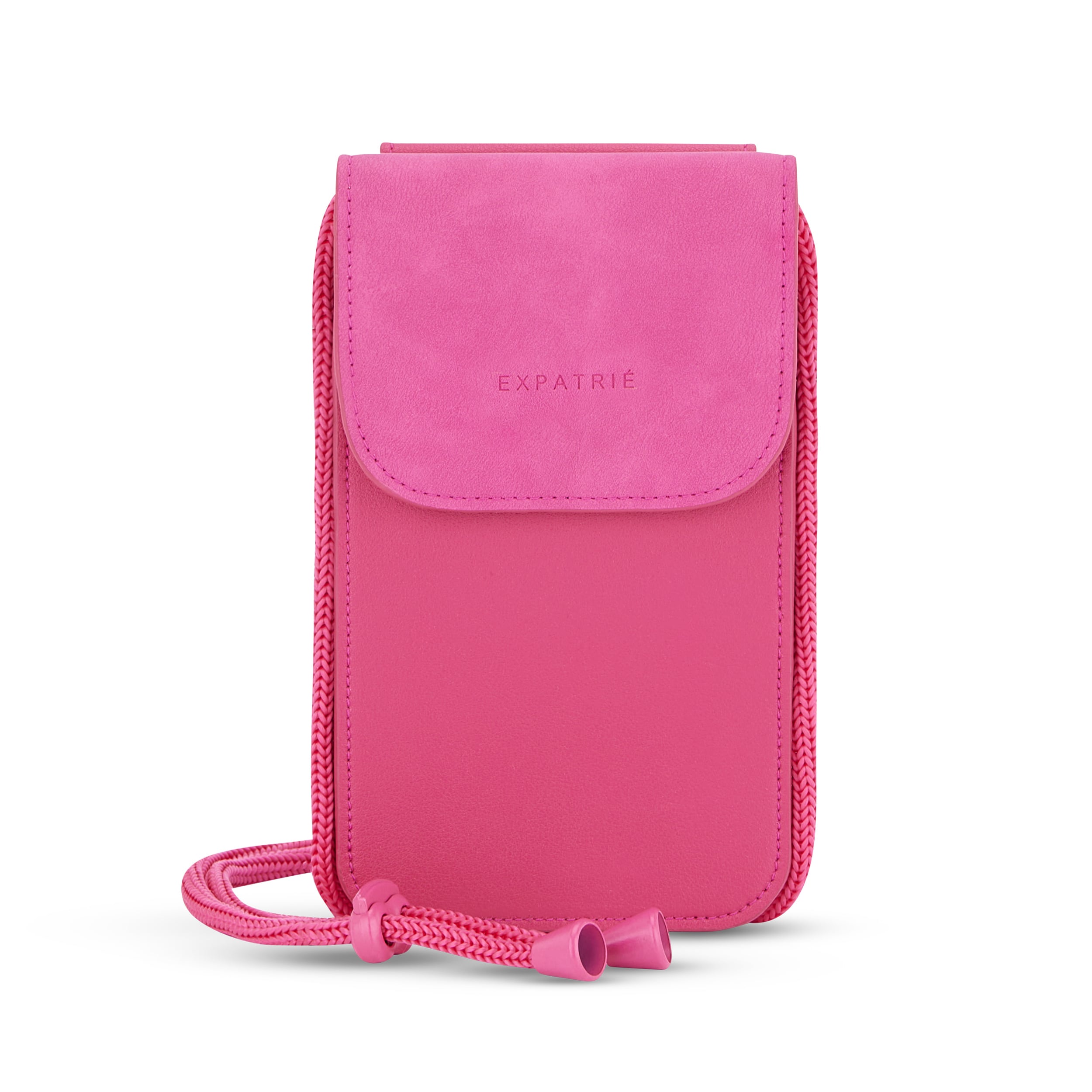 Pinkfarbene Handy-Umhängetasche Amelie mit abgerundetem Klappdeckel und verstellbarem Kordelriemen