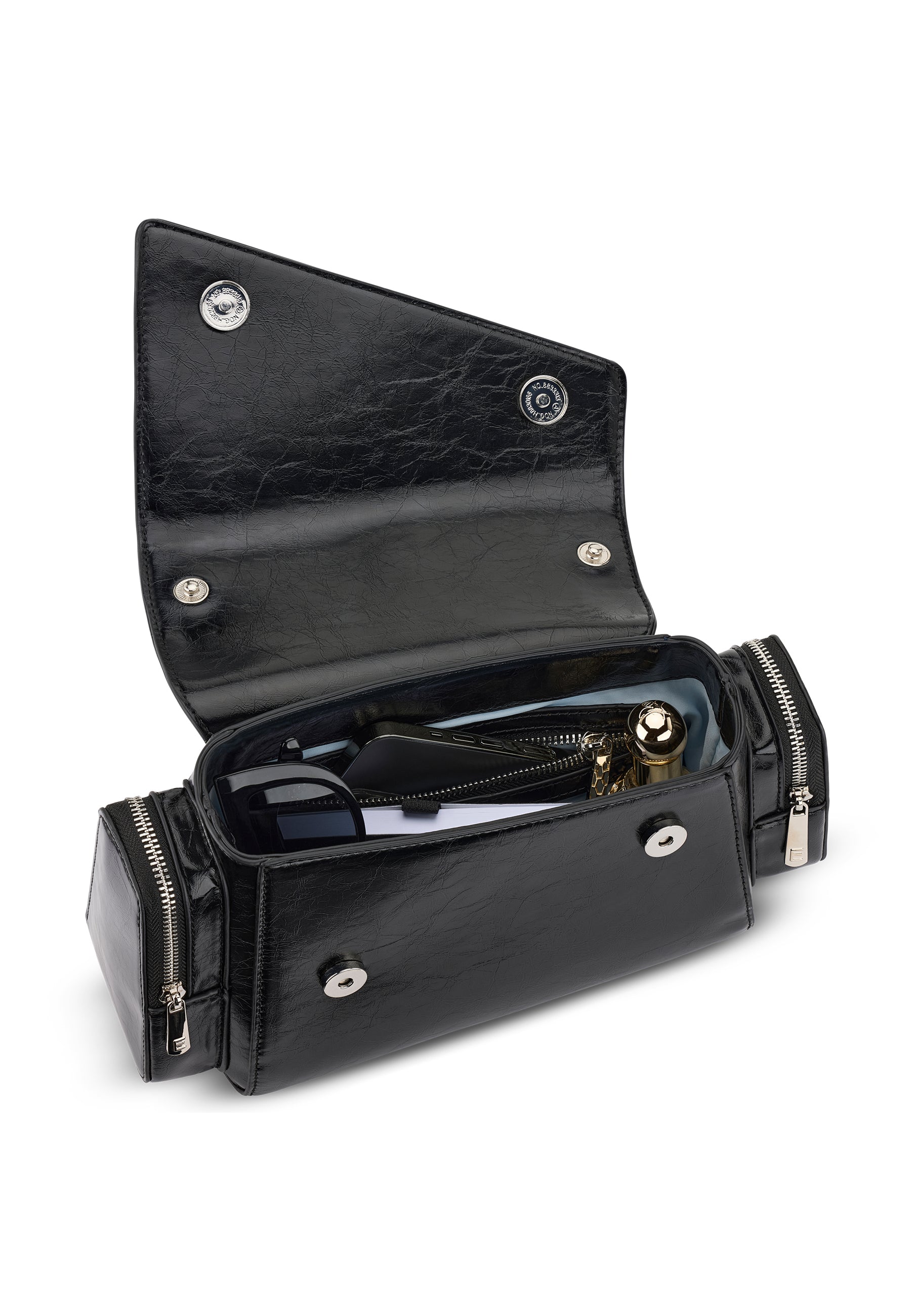 Schwarze Hunter Handtasche aus Vintage-Leder mit zwei Reißverschlusstaschen, geöffnet mit sichtbar gelagerten Gegenständen