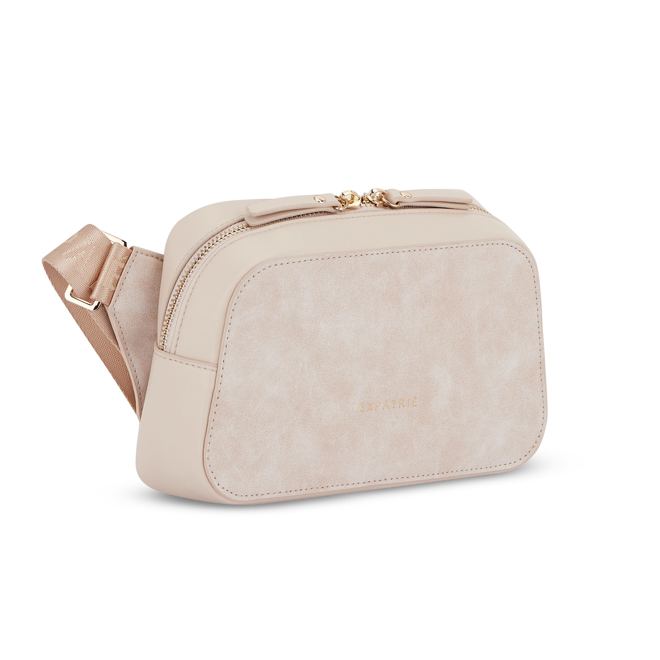 Umhängetasche Fleur in hellem Beige mit goldfarbenen Reißverschlüssen und verstellbarem Gurt