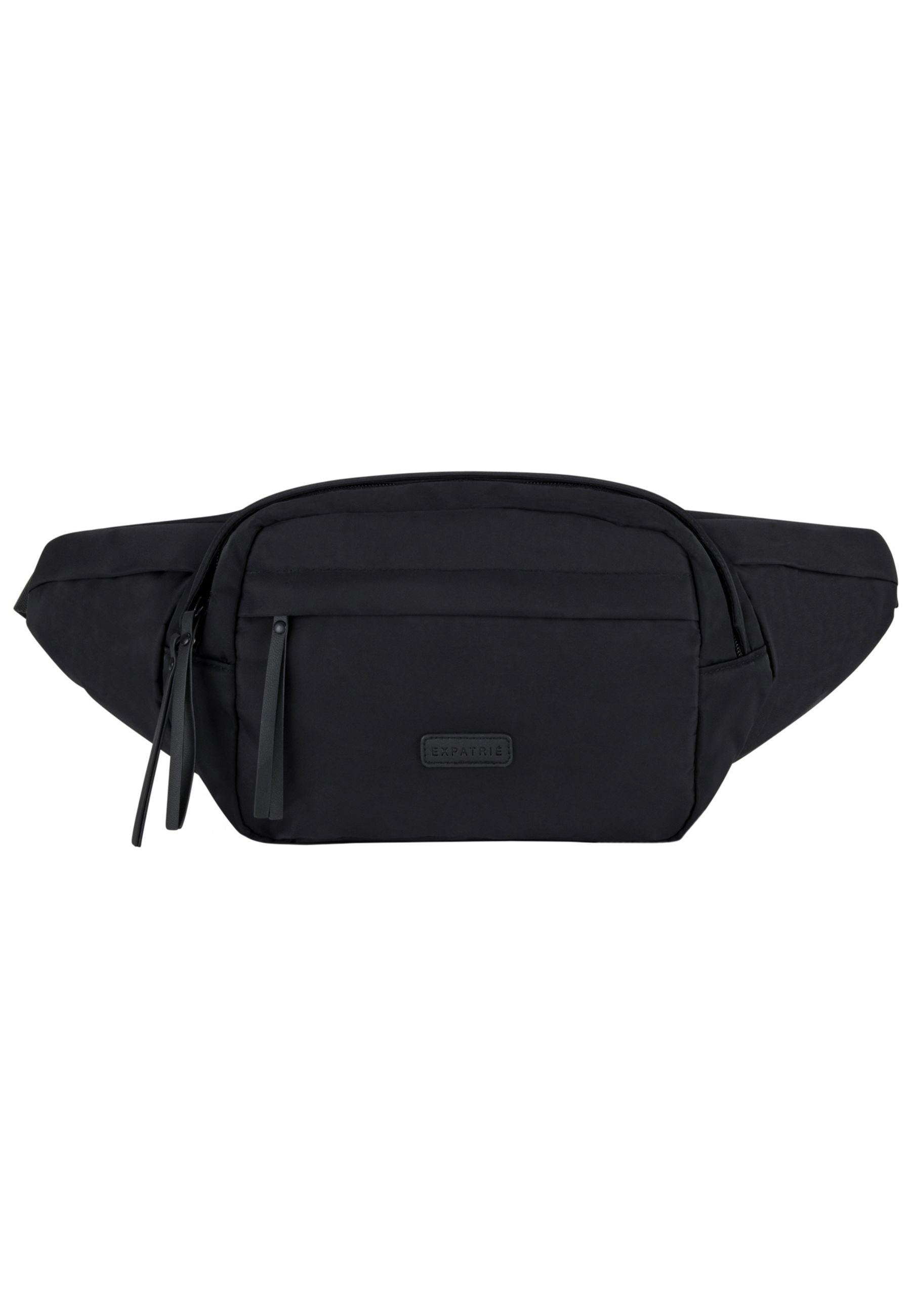 Schwarze Bauchtasche Justine mit mehreren Reißverschlusstaschen und seitlichen Verlängerungen