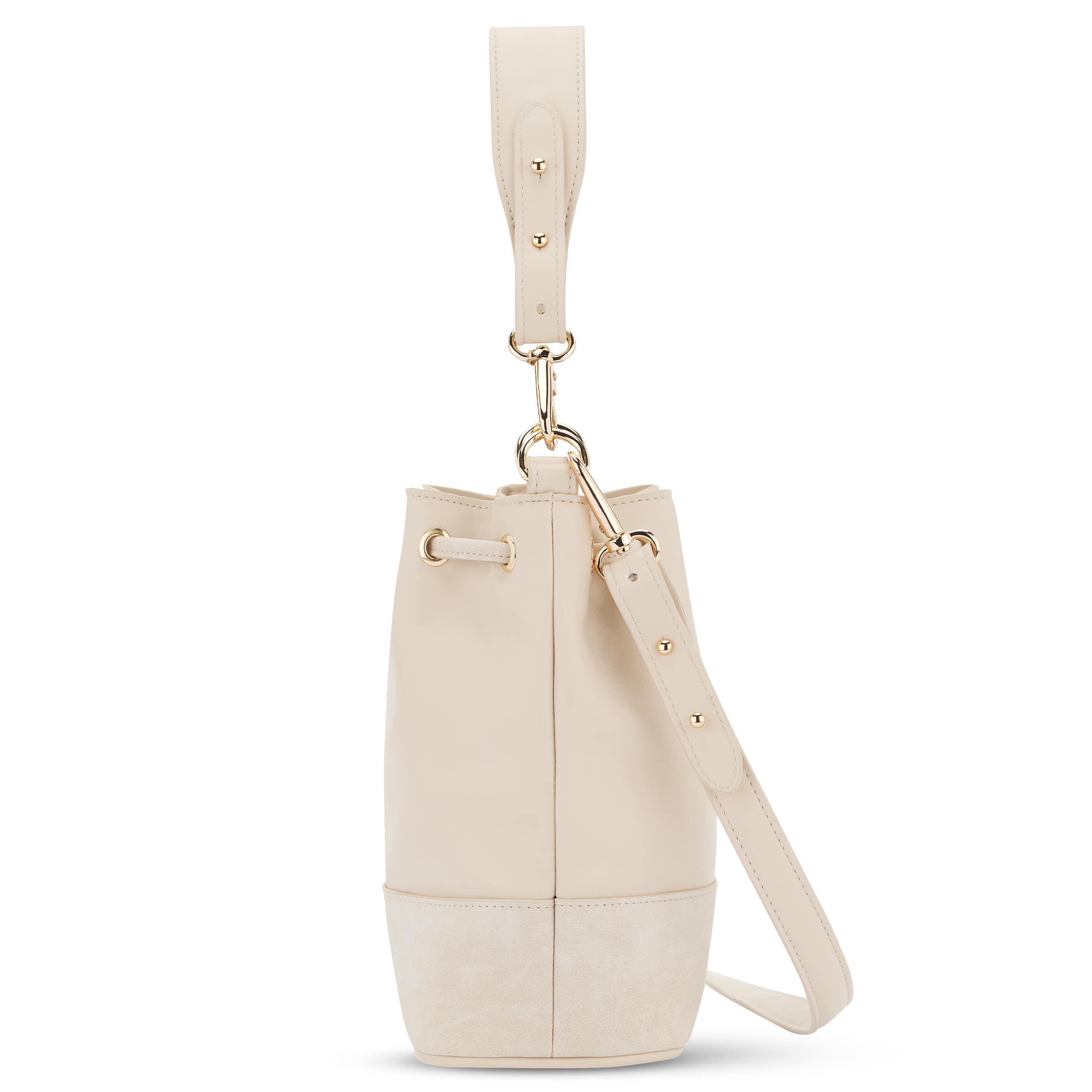 Beuteltasche Sarah Small in beigem Leder mit verstellbarem Schulterriemen und goldfarbenen Metallelementen