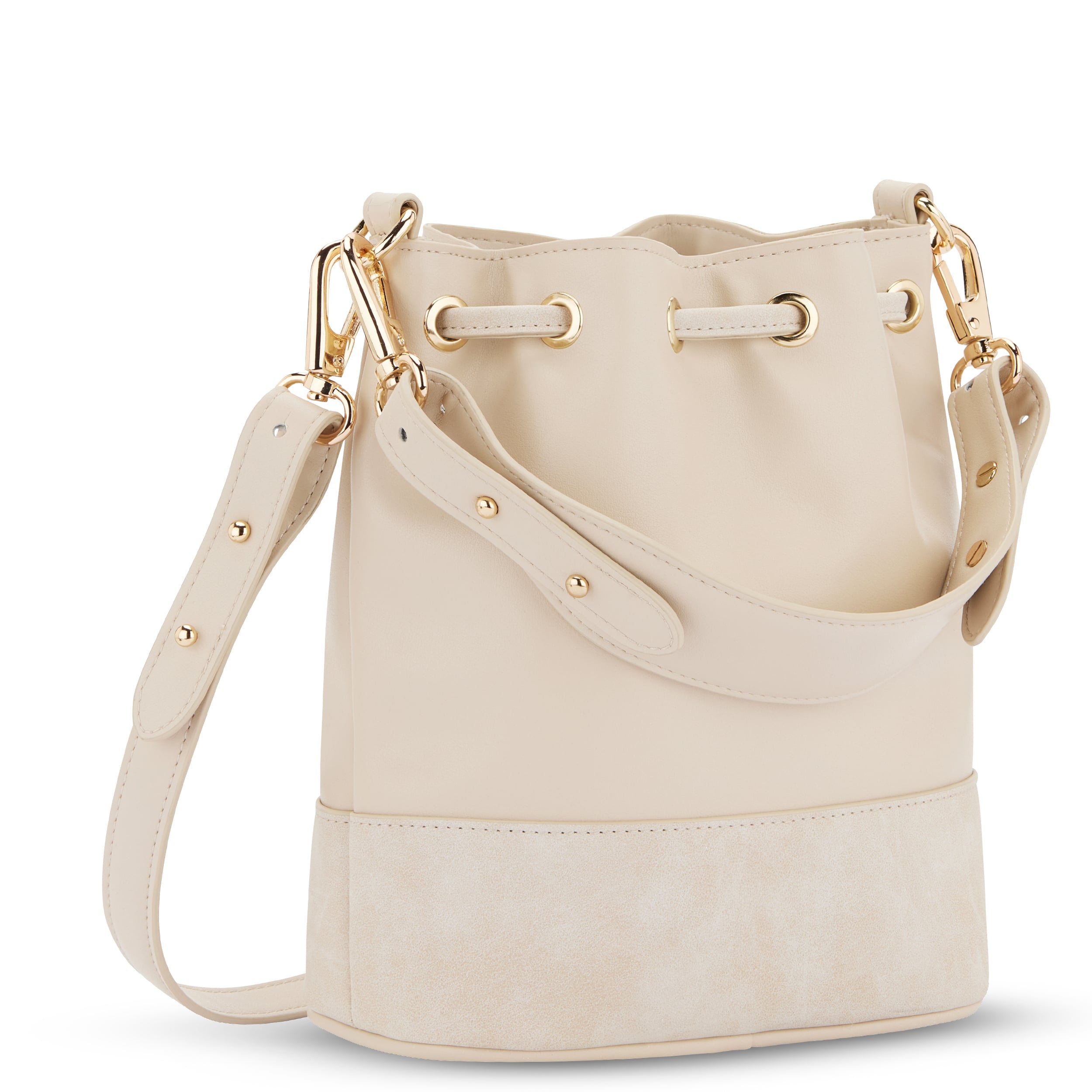 Beuteltasche Sarah Small in Beige mit verstellbarem Schulterriemen und goldfarbenen Metallösen