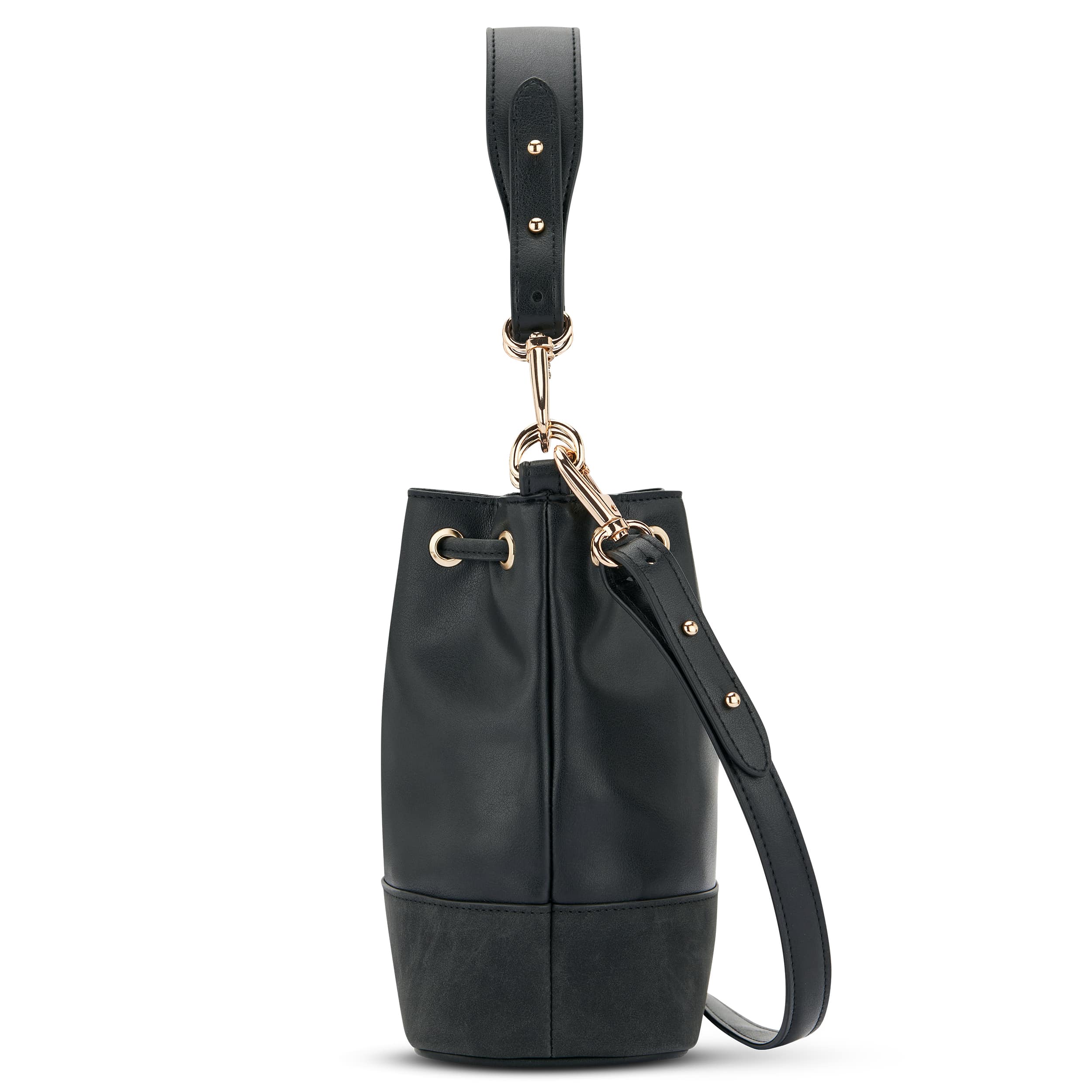 Kleine schwarze Beuteltasche Sarah Small mit goldfarbenen Metallösen und verstellbarem Trageriemen