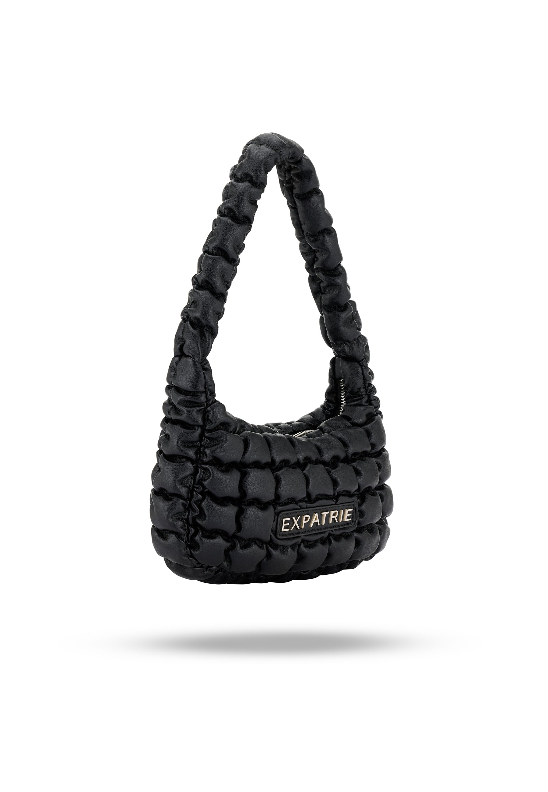 Kleine gesteppt schwarze Handtasche PIPPA SMALL mit kurzem, gepolstertem Henkel und 'EXPATRIE' Logo