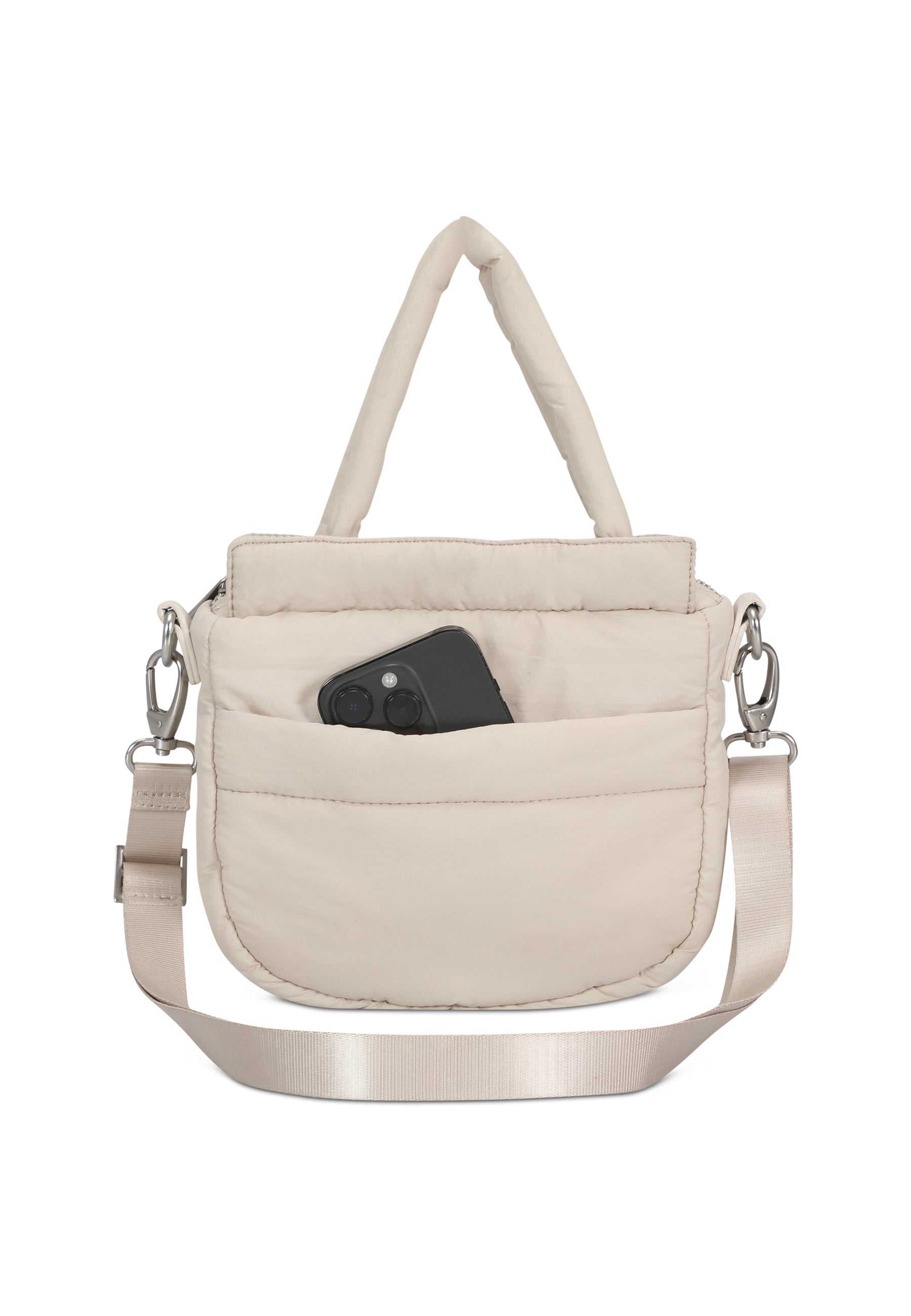 Beige kleine Poppy Small Handtasche mit kurzem Griff, verstellbarem Trageriemen und Außenfach mit schwarzem Smartphone