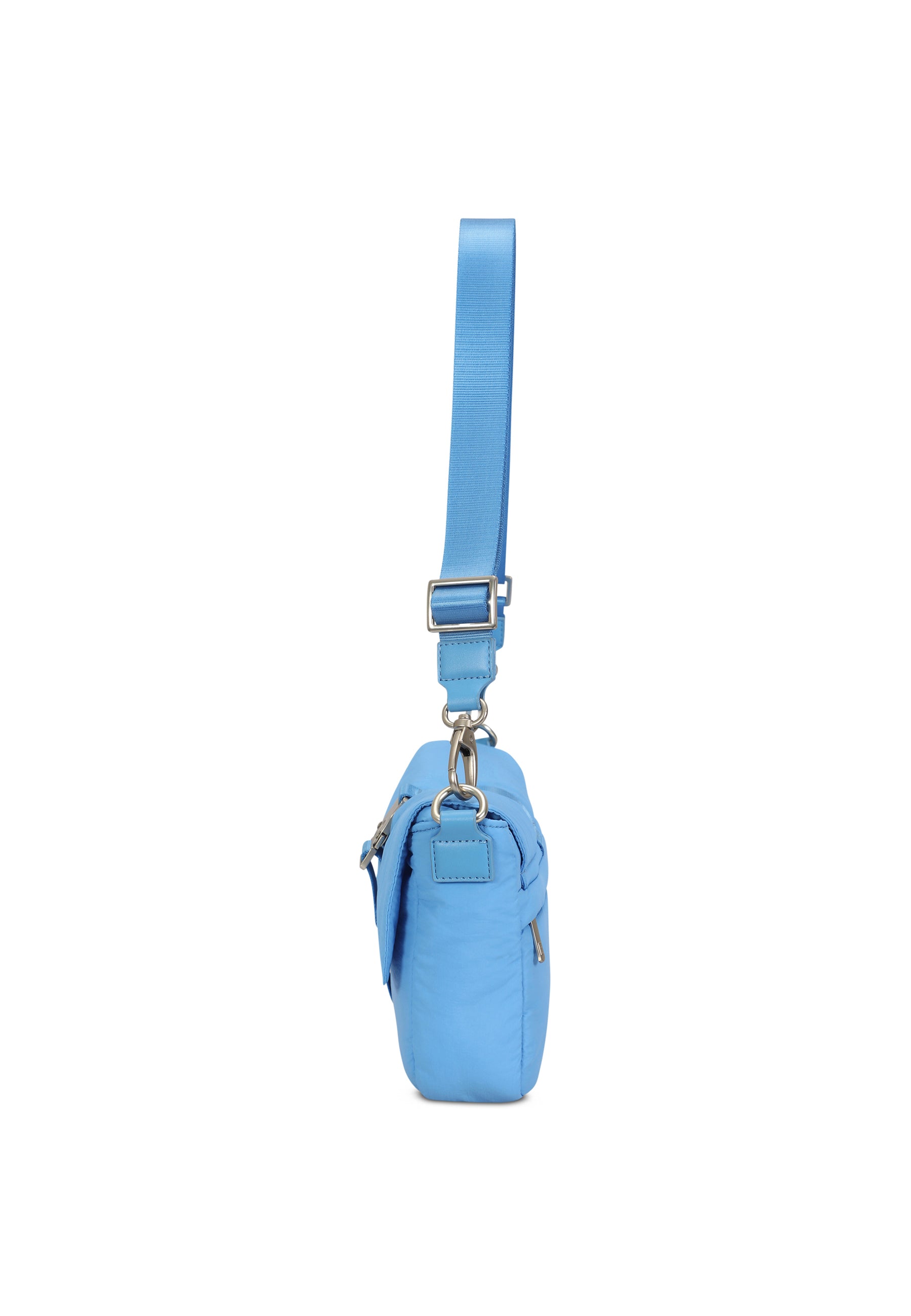 Bobby Handtasche in Blau, kleine Umhängetasche mit verstellbarem Riemen, Seitenansicht
