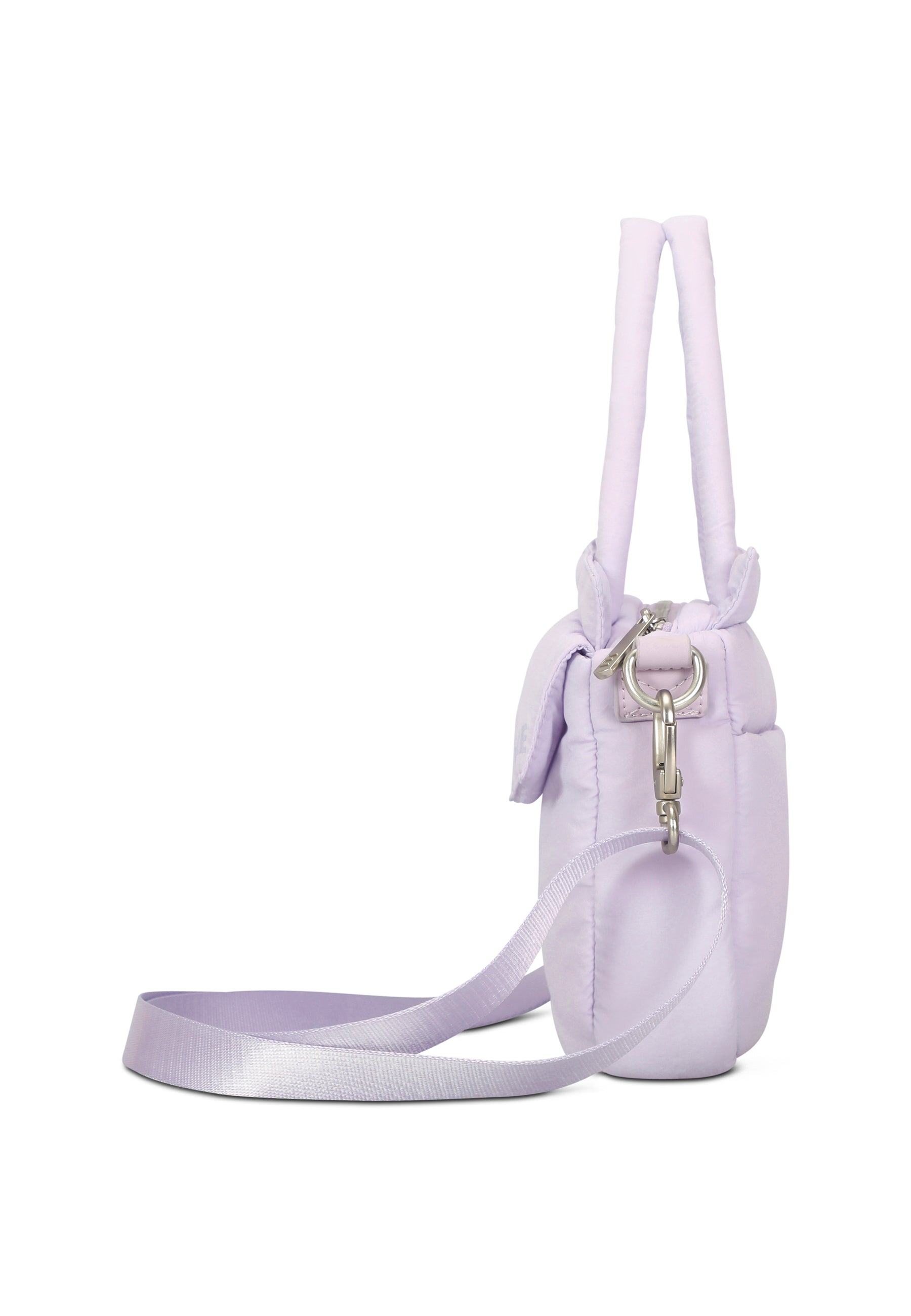 Fliederfarbene POPPY SMALL Handtasche mit schmalem Riemen und kleinen Henkeln, seitliche Ansicht