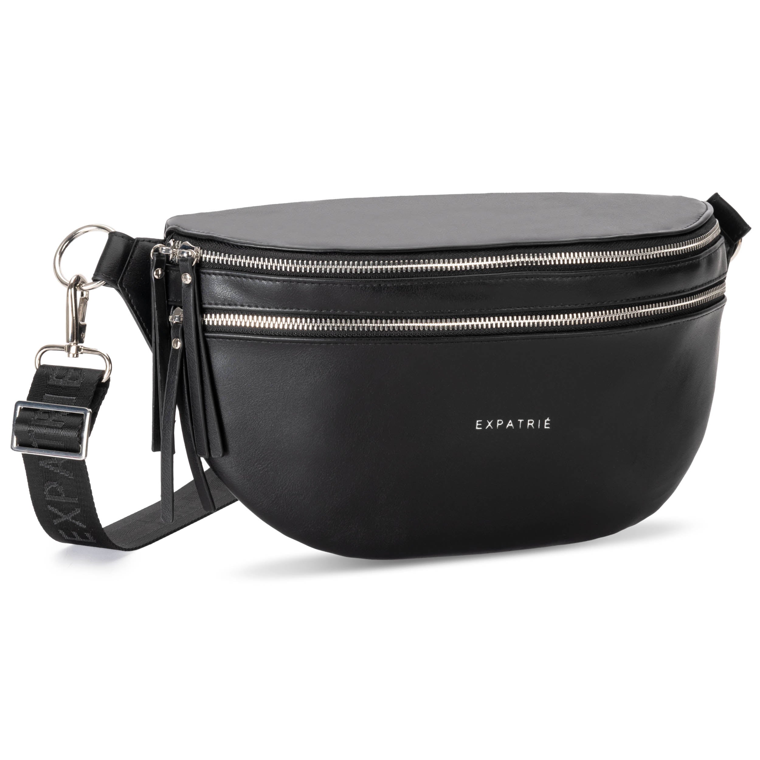 Große schwarze Bauchtasche Alice Large aus Leder mit zwei Reißverschlusstaschen und verstellbarem Riemen mit Expatrié-Logo