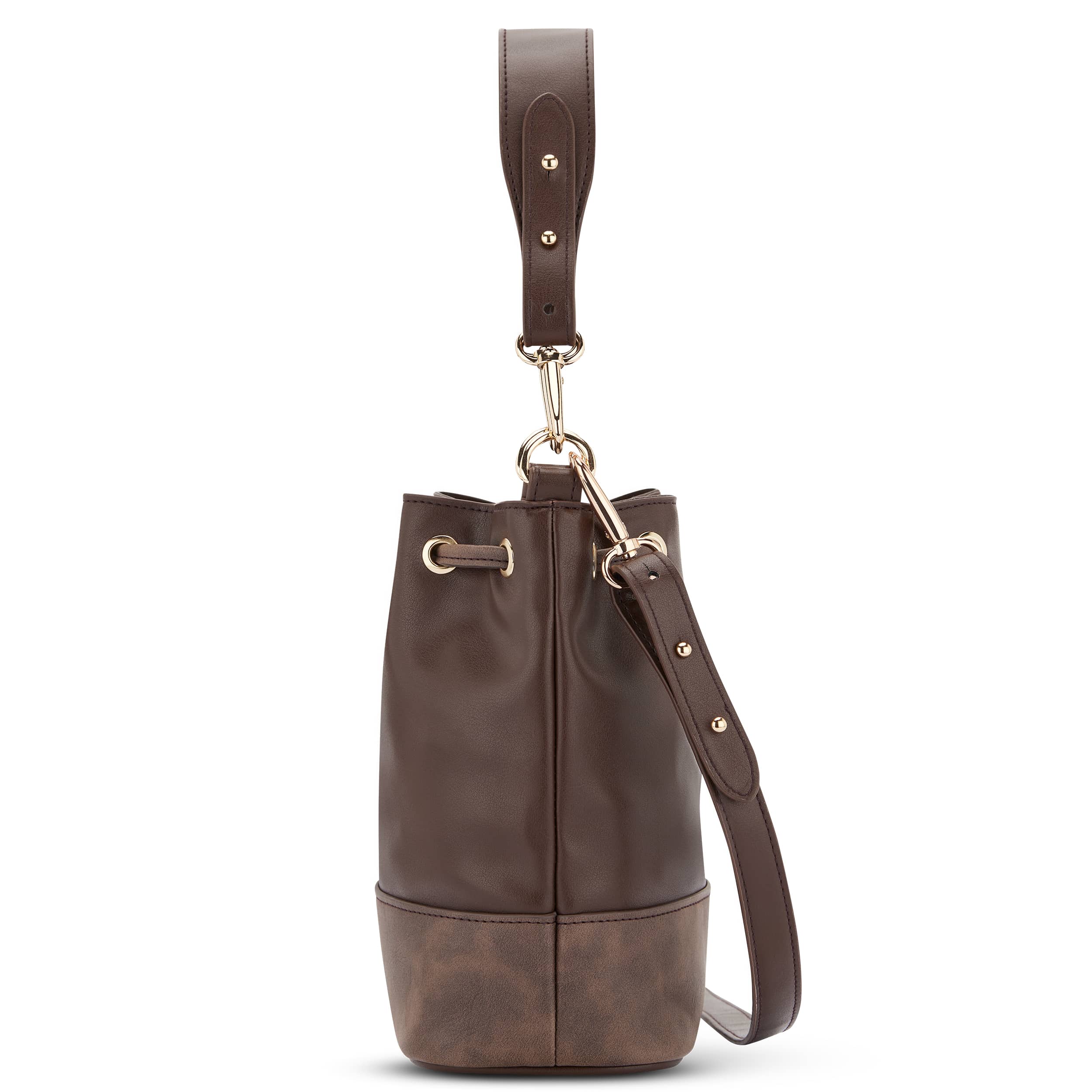 Beuteltasche Sarah Small aus braunem Leder mit verstellbarem Schulterriemen und goldfarbenen Ösen