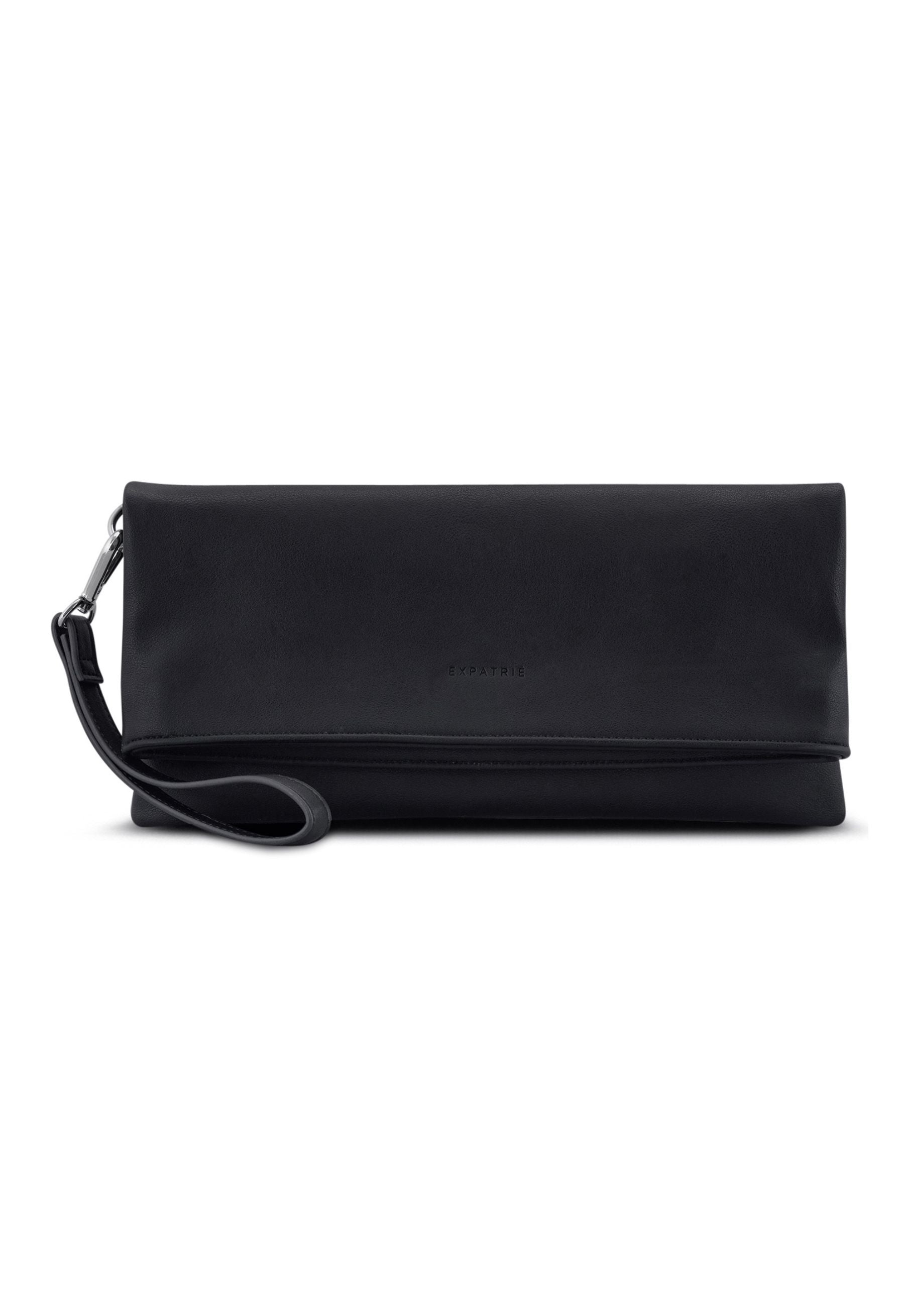 Schwarze Clutch 'Marie' aus Leder mit Umschlag und abnehmbarem Handgelenkriemen