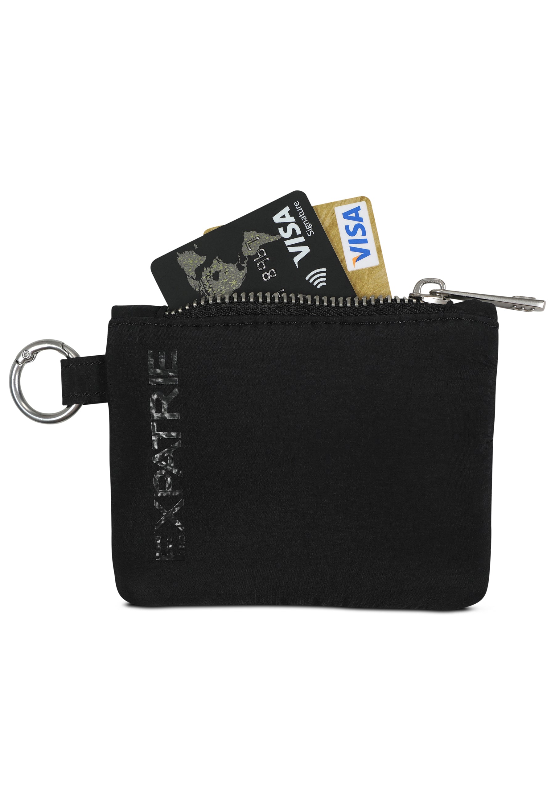 Schwarzes Mini-Pouch von EXPATRIÉ mit Reißverschluss, enthält zwei VISA-Karten