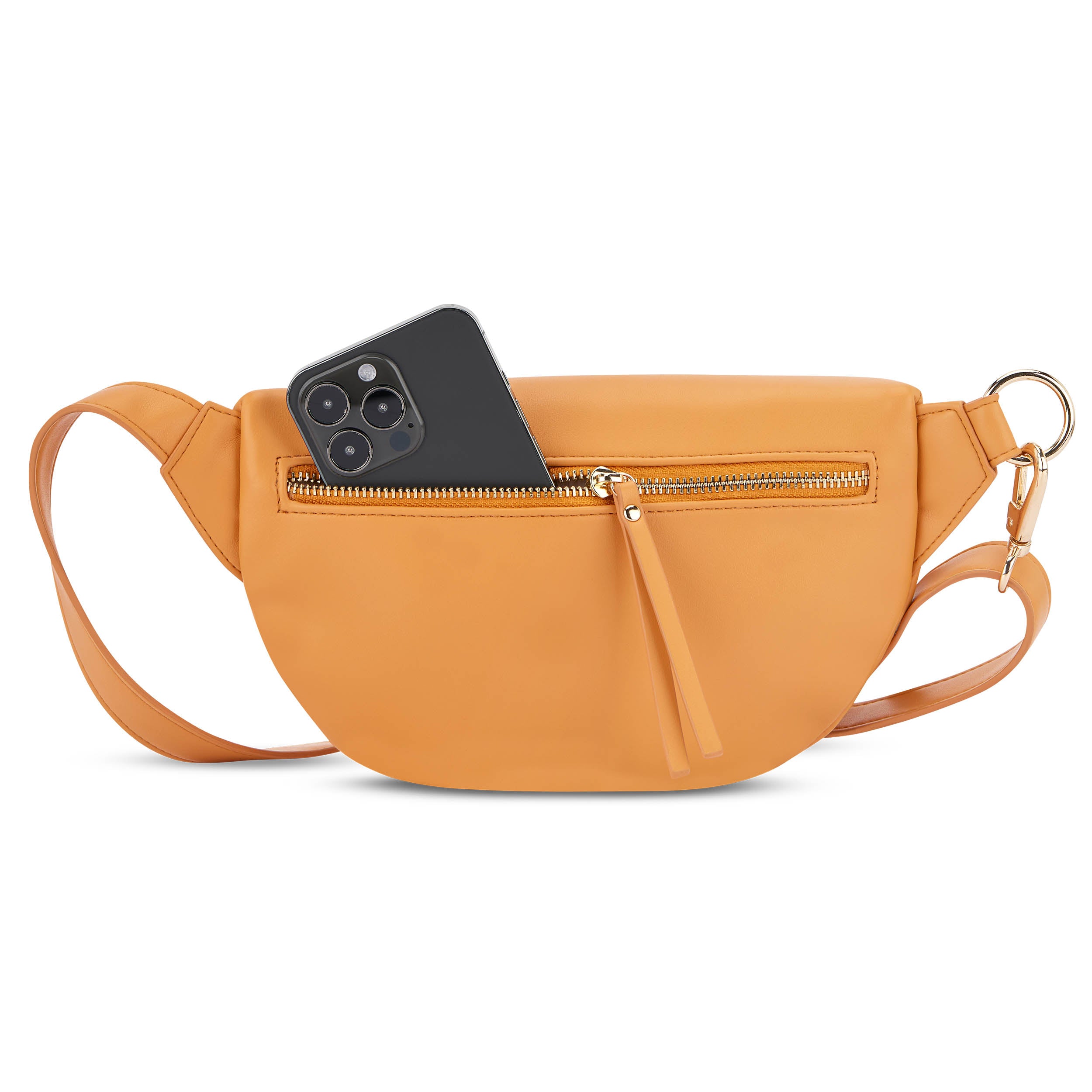 Orangefarbene Bauchtasche 'Alice Small' mit einem Smartphone in der Fronttasche