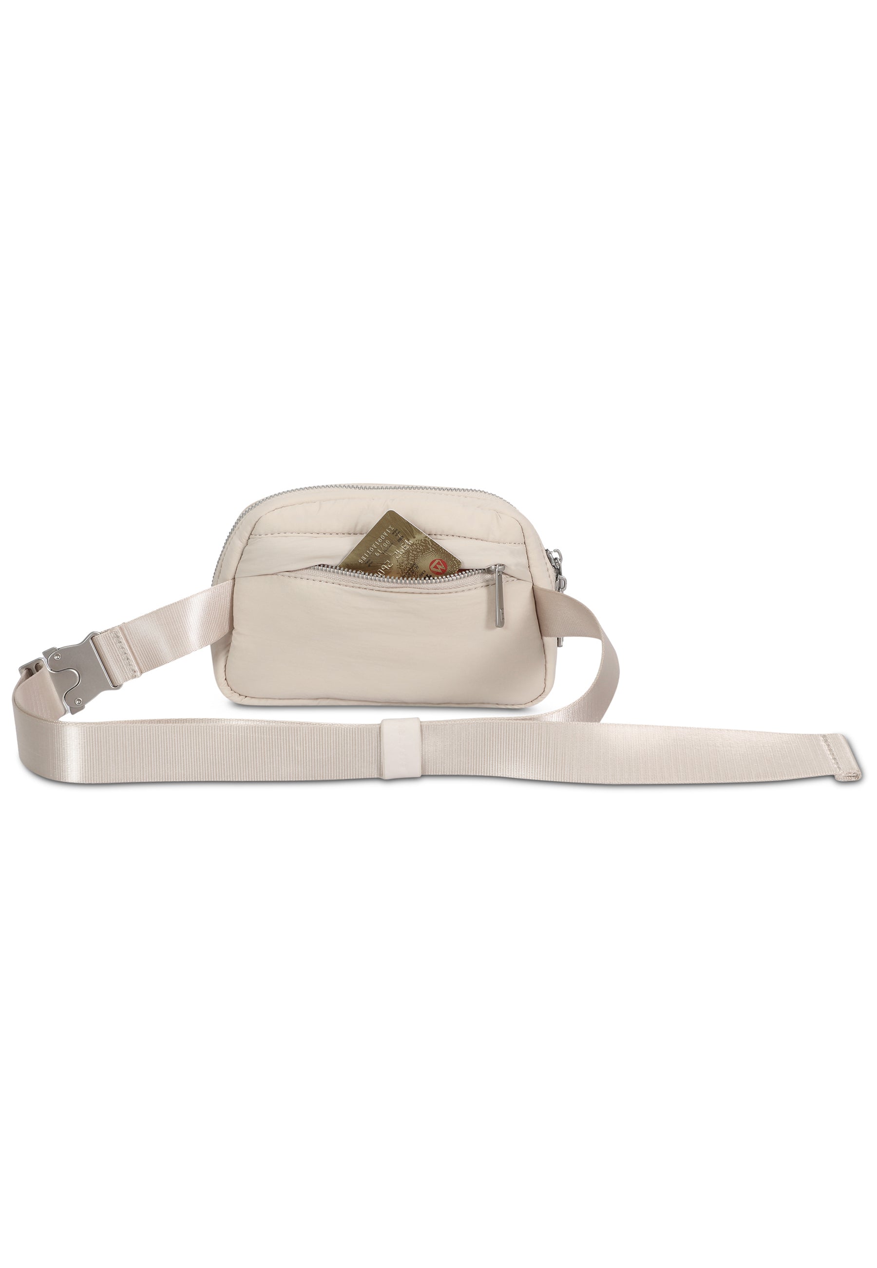 Beige MILLY Bauchtasche mit sichtbarer Kreditkarte in der vorderen Reißverschlusstasche