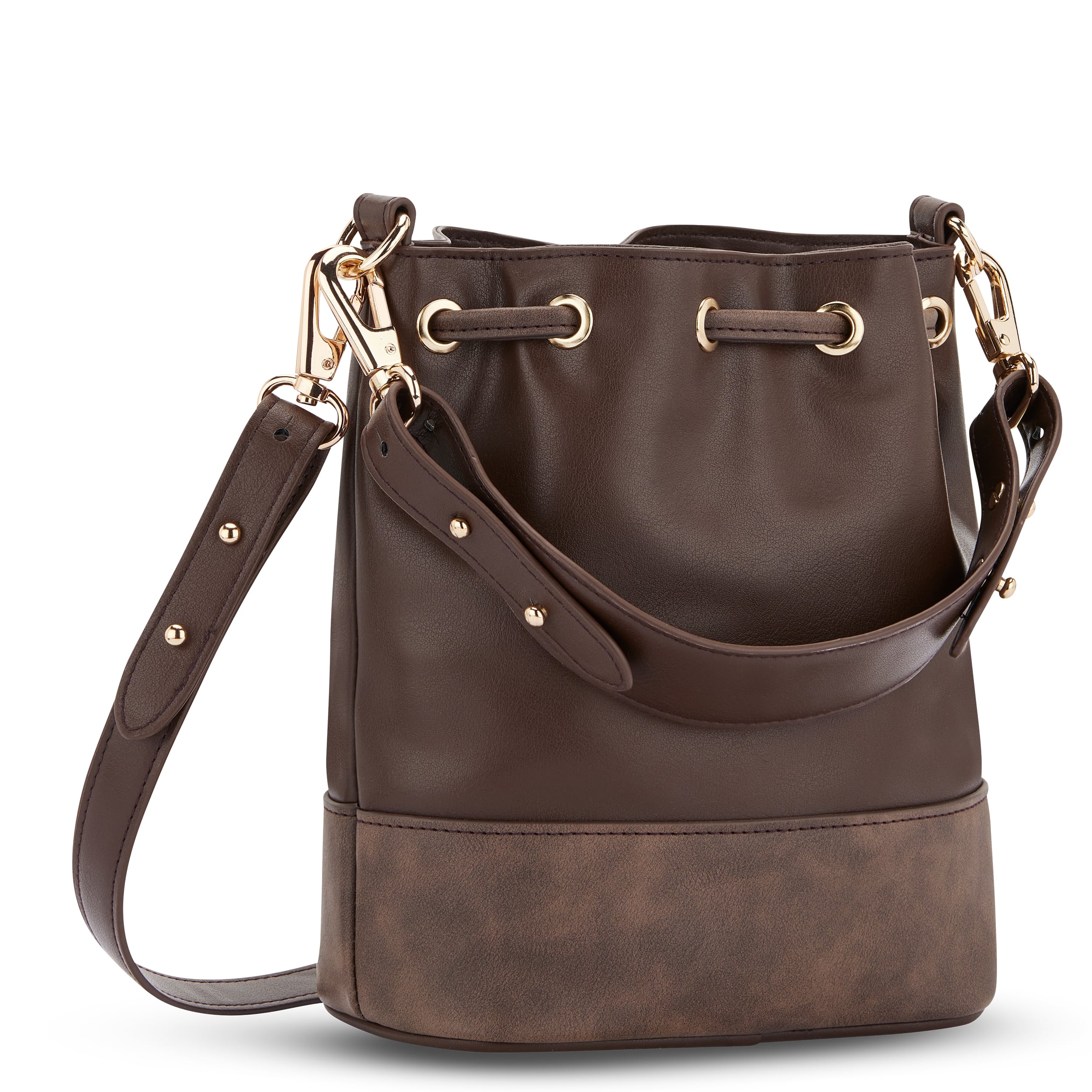 Braune Beuteltasche Sarah Small mit verstellbarem Riemen und goldfarbenen Metallringen