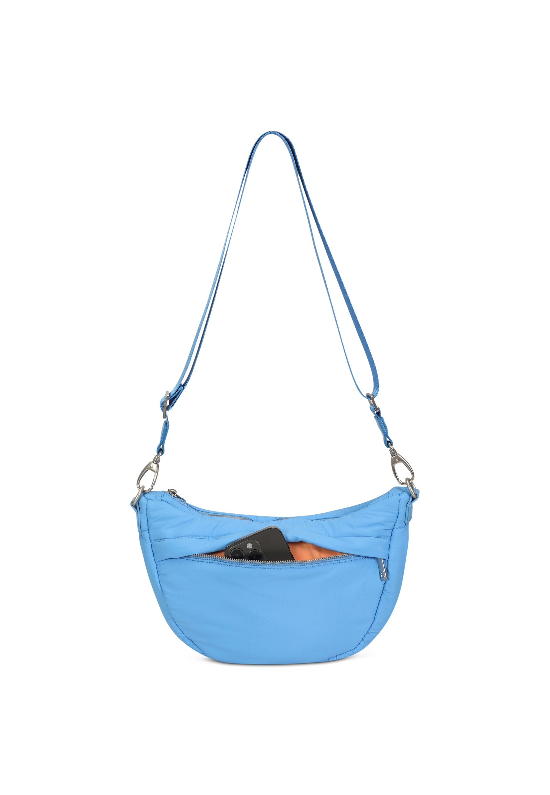 VIVY Halbmondtasche für Damen in royalblau mit Reißverschlusstasche, darin ein Handy