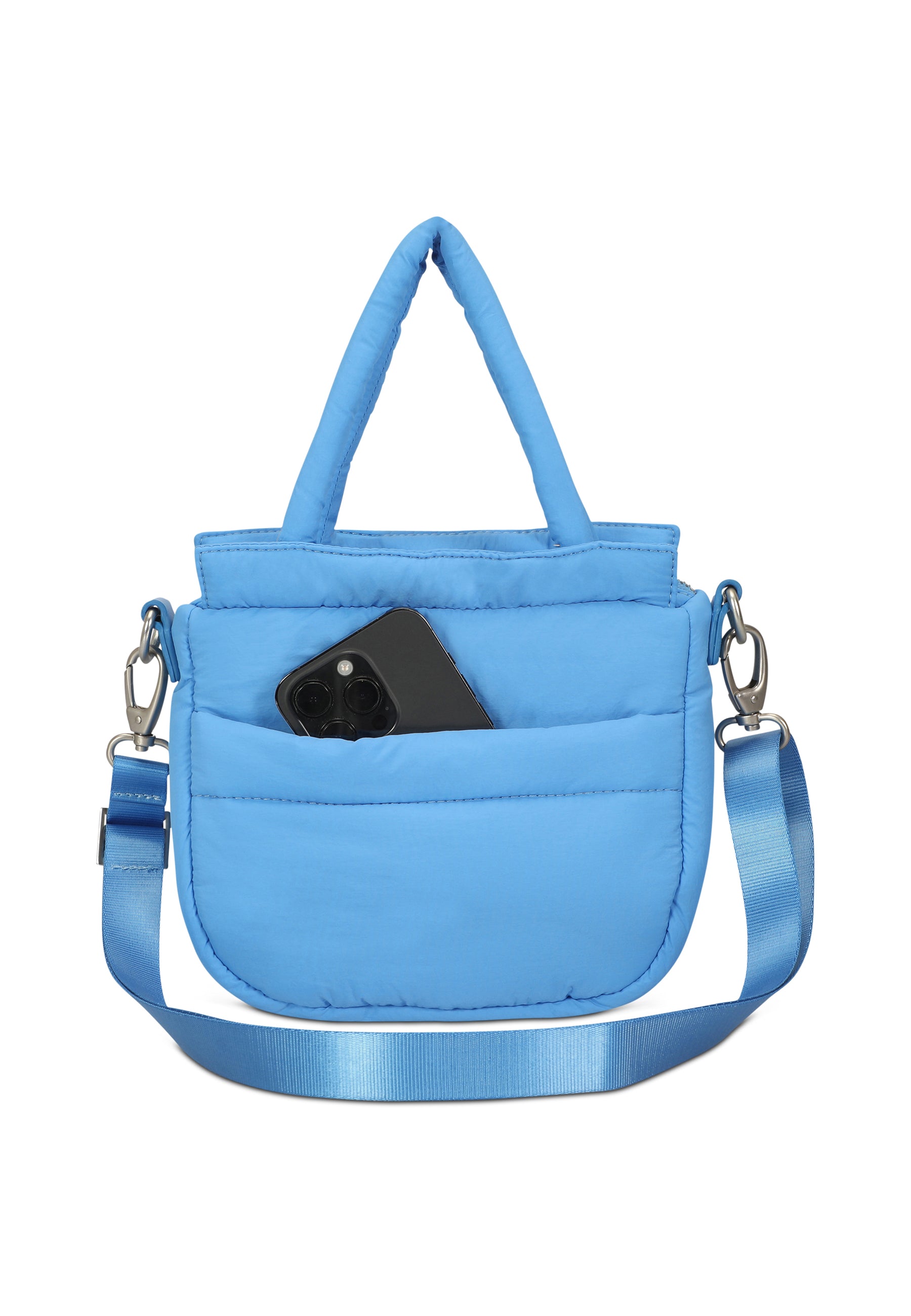 Blaue Poppy Small Handtasche aus gepolstertem Material mit zwei kurzen Henkeln, Schulterriemen und Handy in der Außentasche