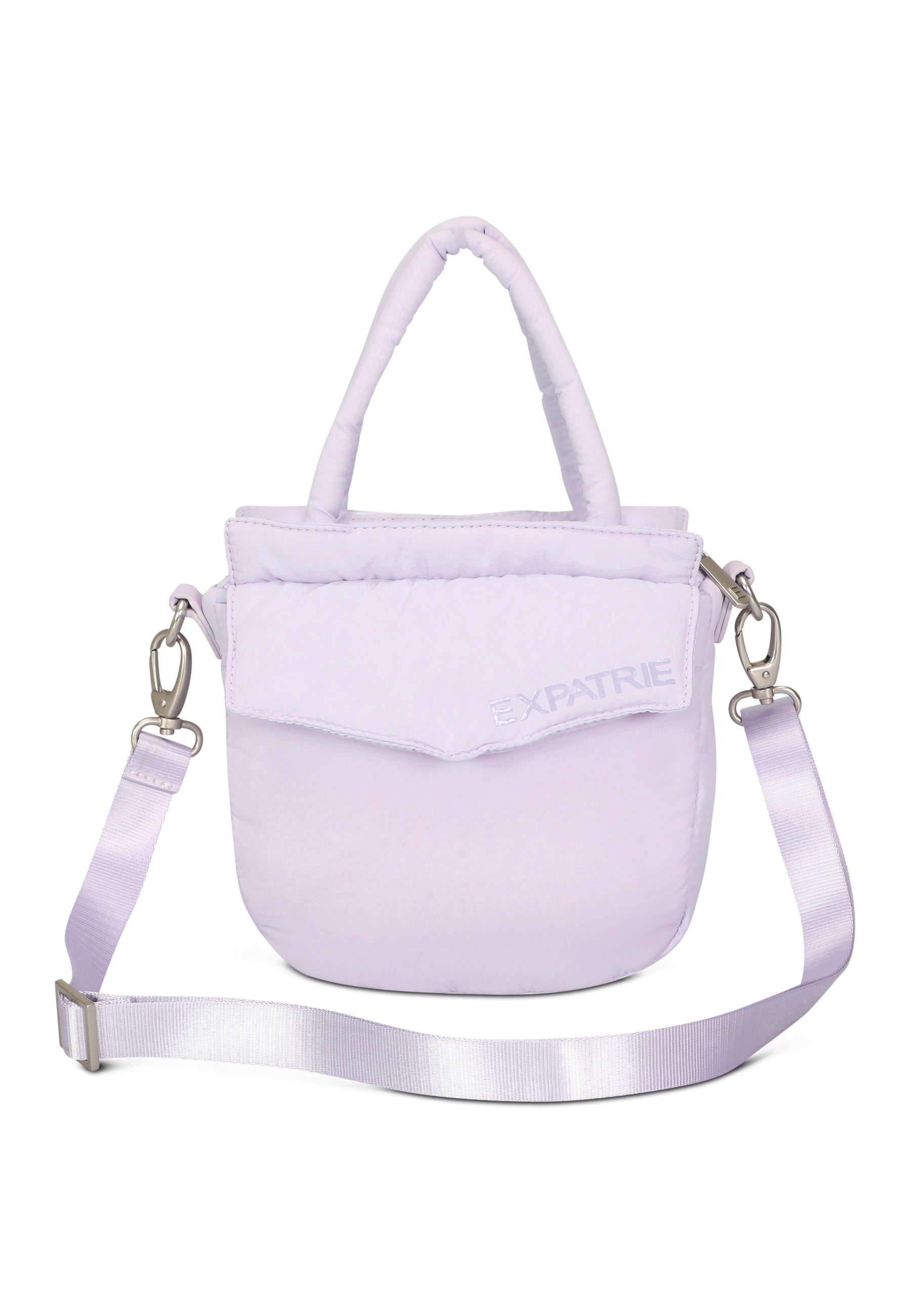 Kleine fliederfarbene Handtasche POPPY SMALL mit abnehmbarem Schulterriemen und Logo von Expatrié