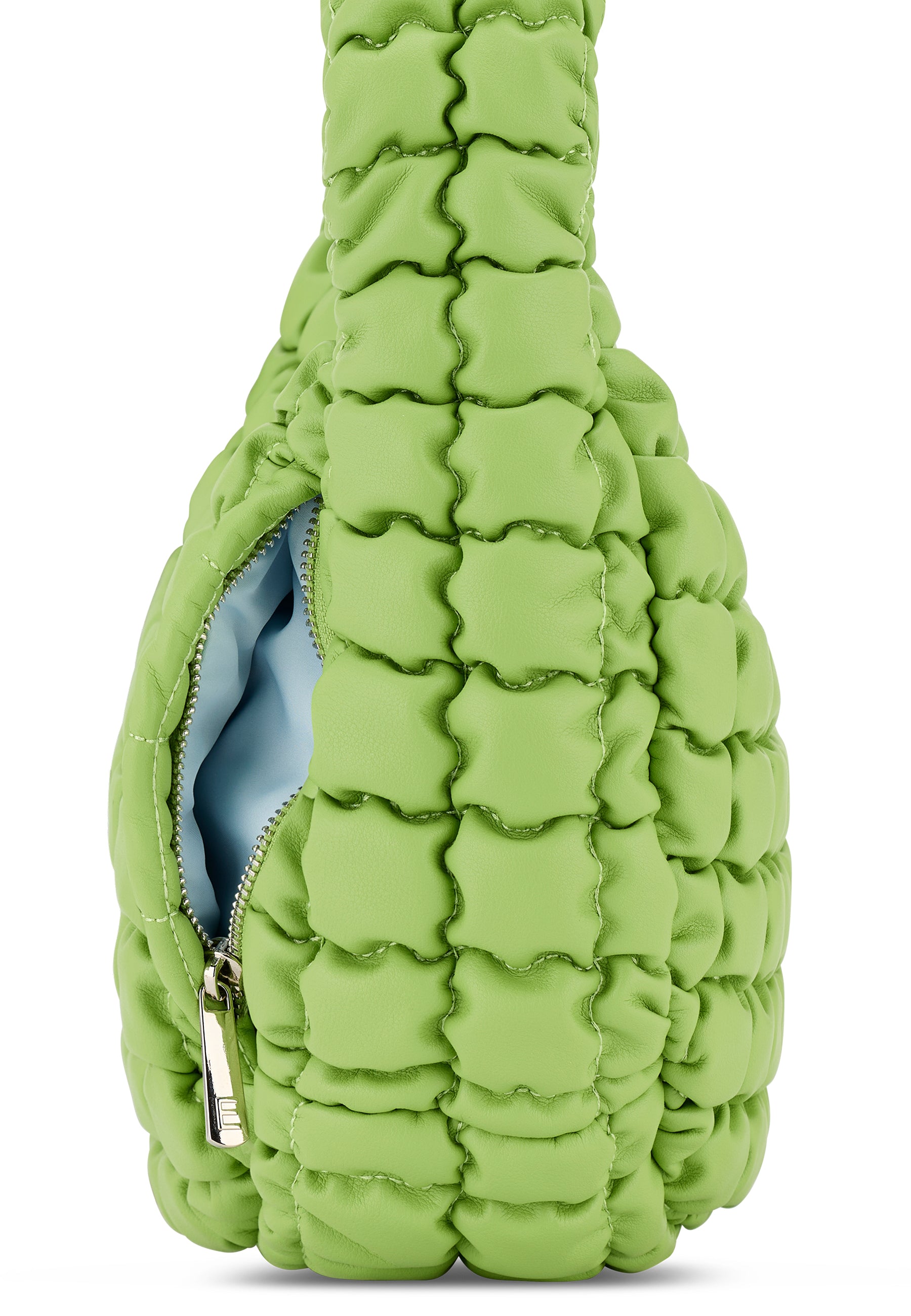 PIPPA LARGE Handtasche in Grün mit gepolstertem, quadratischem Design und sichtbarem hellblauem Innenfutter