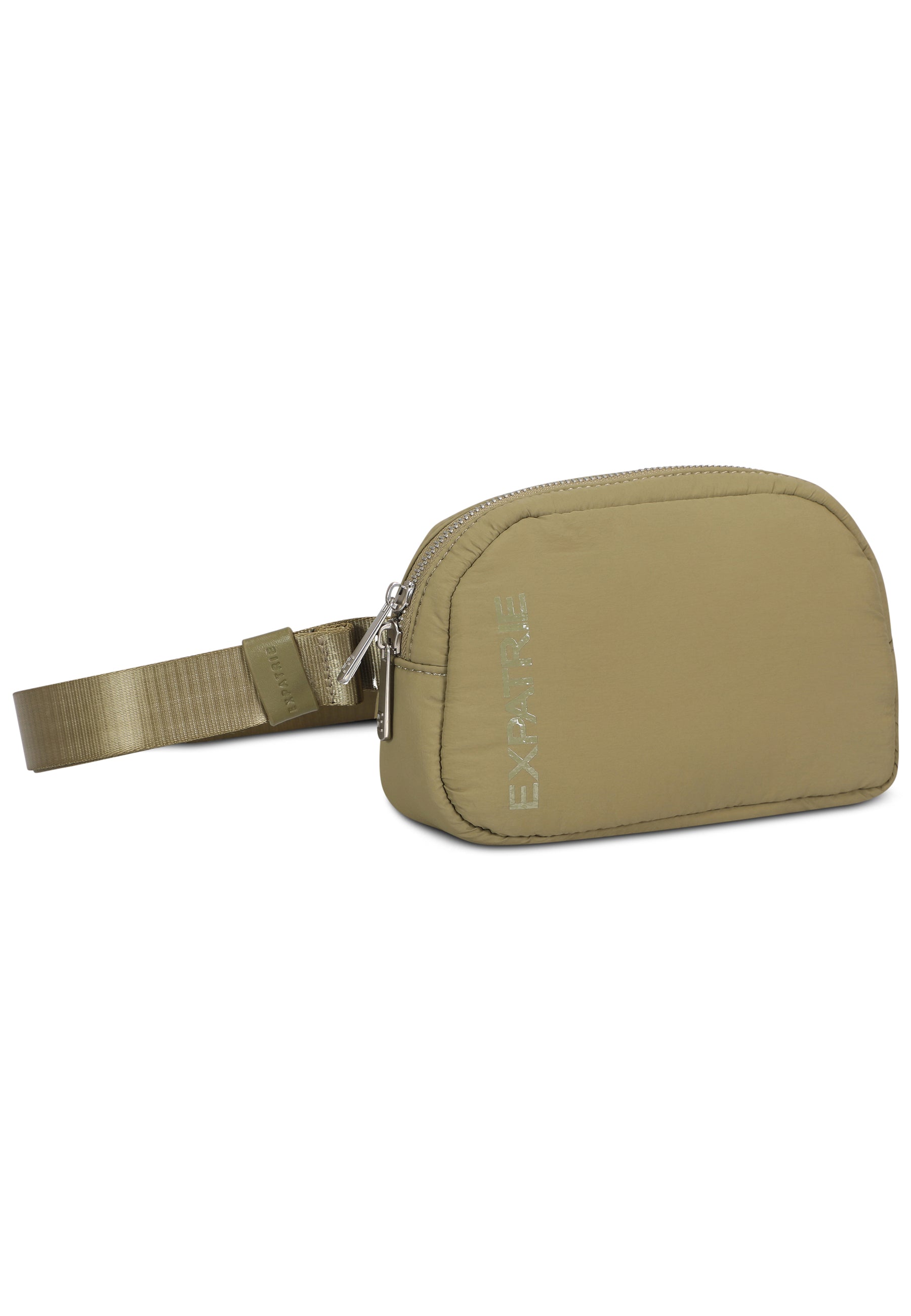 Olivefarbene MILLY Bauchtasche aus nylonähnlichem Material mit silbernem Reißverschluss und verstellbarem Gurt