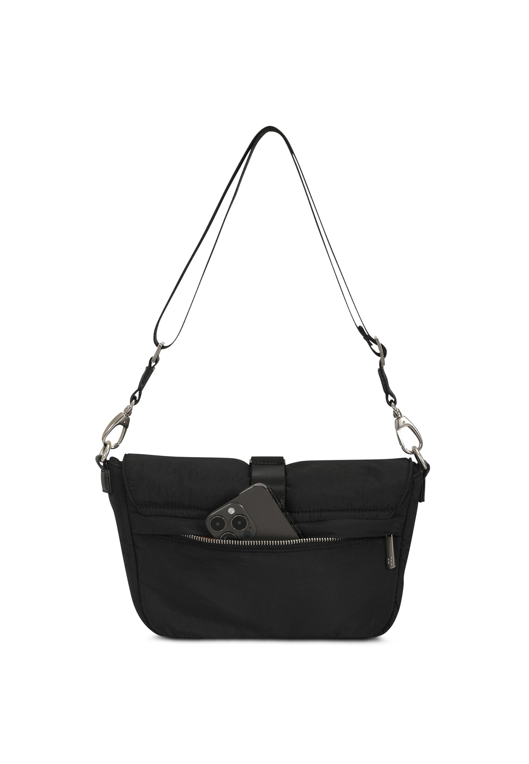 Schwarze BOBBY Handtasche mit Vorderfach und abnehmbarem Schulterriemen, Tasche aus Nylon