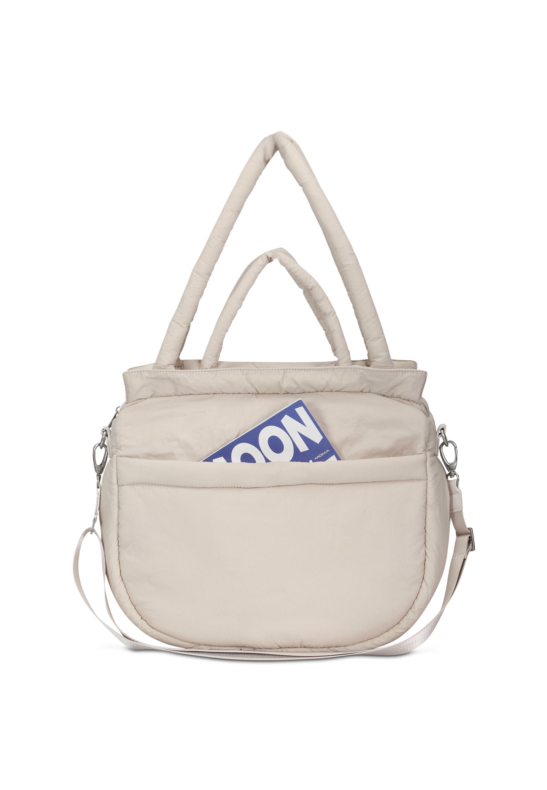 Helle POPPY Shopper Tasche mit Außenfach und kurzem sowie langem Griff, mit blauem Heft in der Tasche