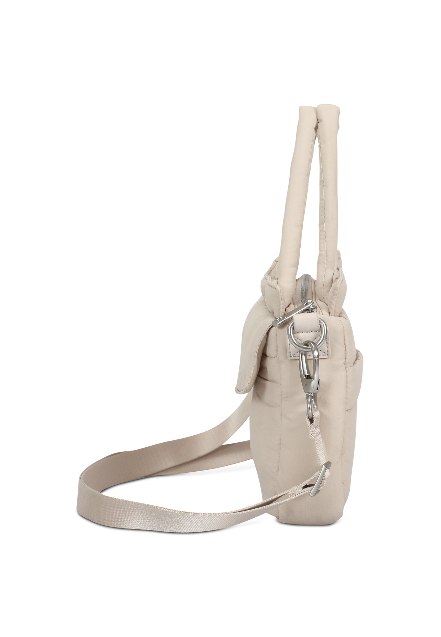 Beige POPPY SMALL Umhängetasche in Seitenansicht mit abnehmbarem Trageriemen und Details aus silbernem Metall