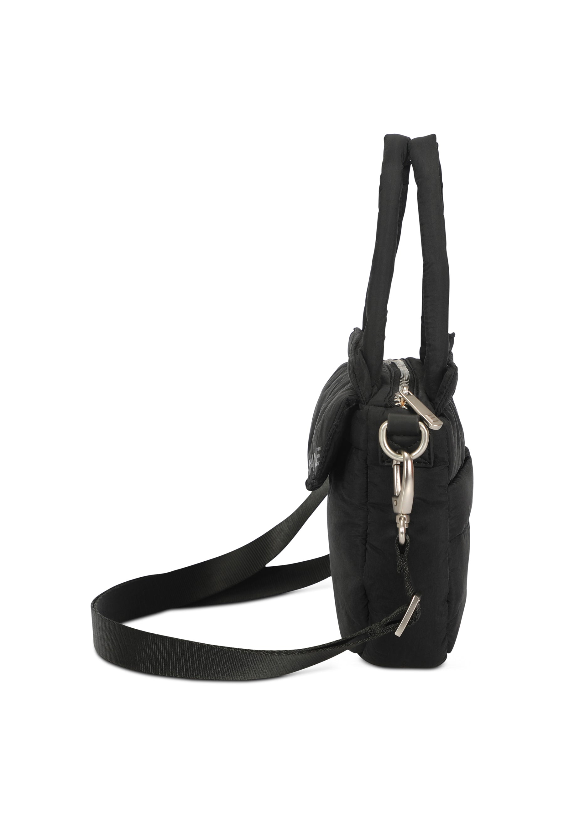 Seitliche Ansicht der schwarzen Poppy Small Handtasche mit Reißverschluss und zwei kurzen Henkeln sowie abnehmbarem Schulterriemen