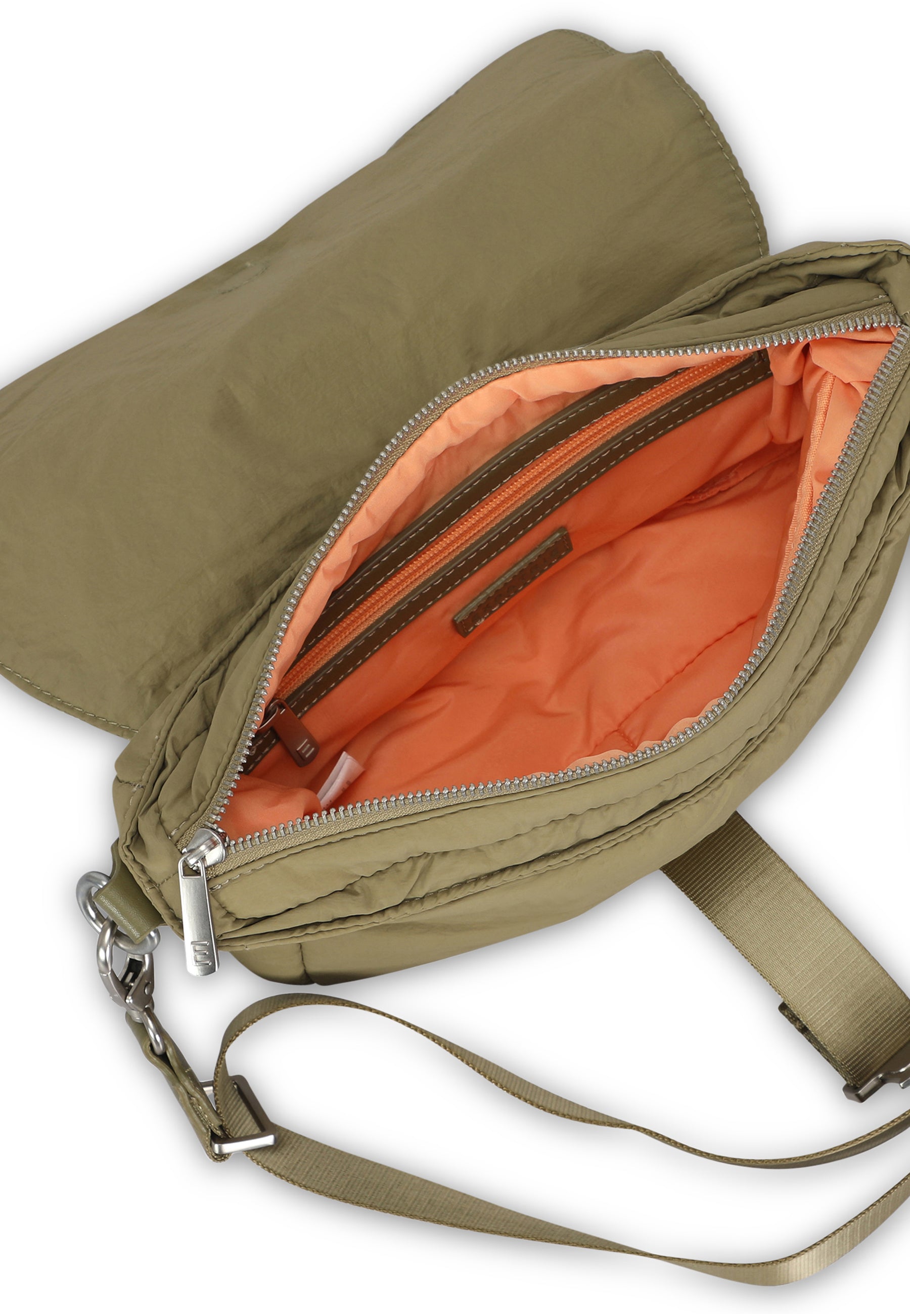 Olivefarbene BOBBY Handtasche mit orangem Innenfutter und Reißverschlussfach