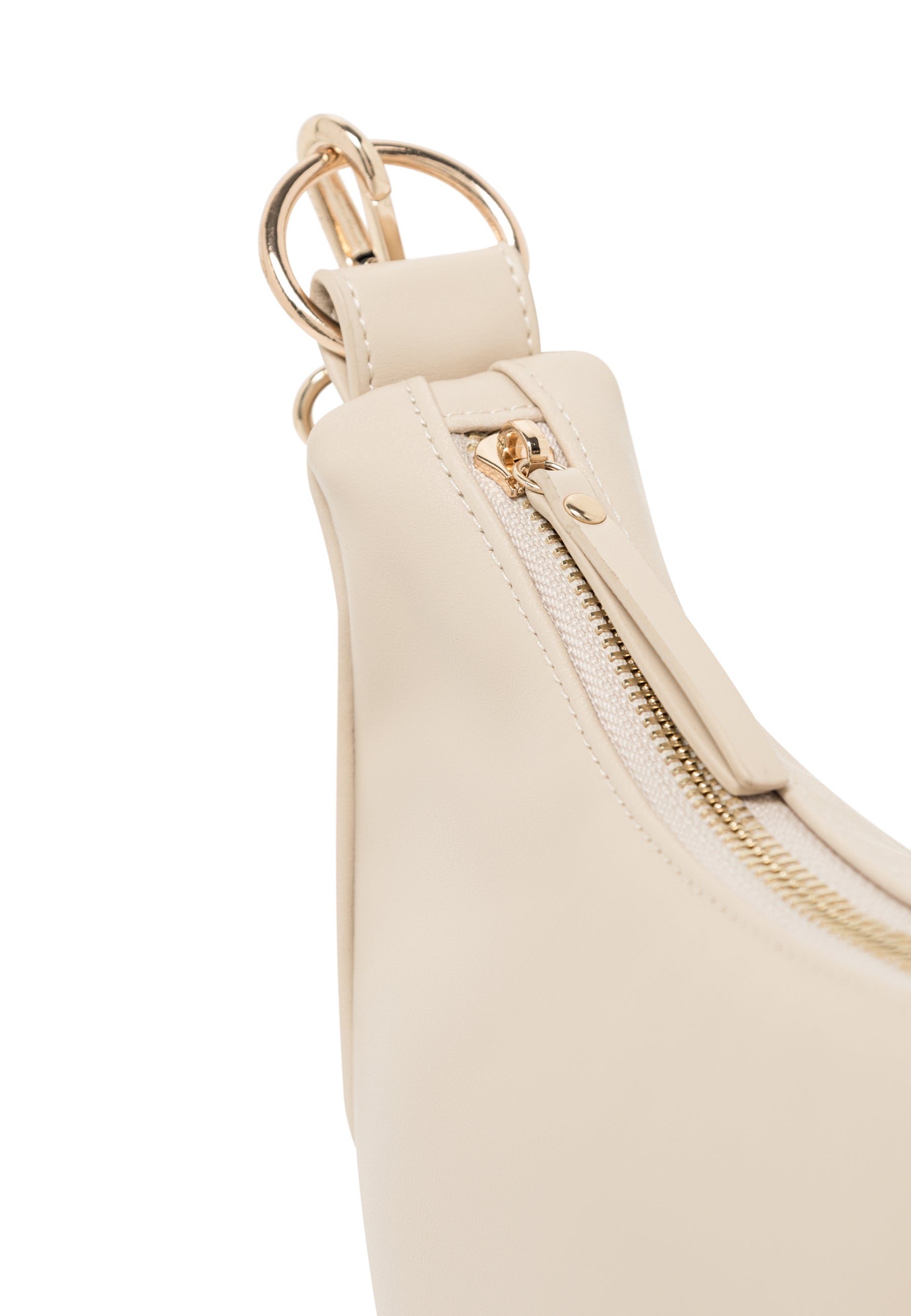 Beiger LEA SMALL Half Moon Bag aus Kunstleder mit goldfarbenem Reißverschluss und D-Ring