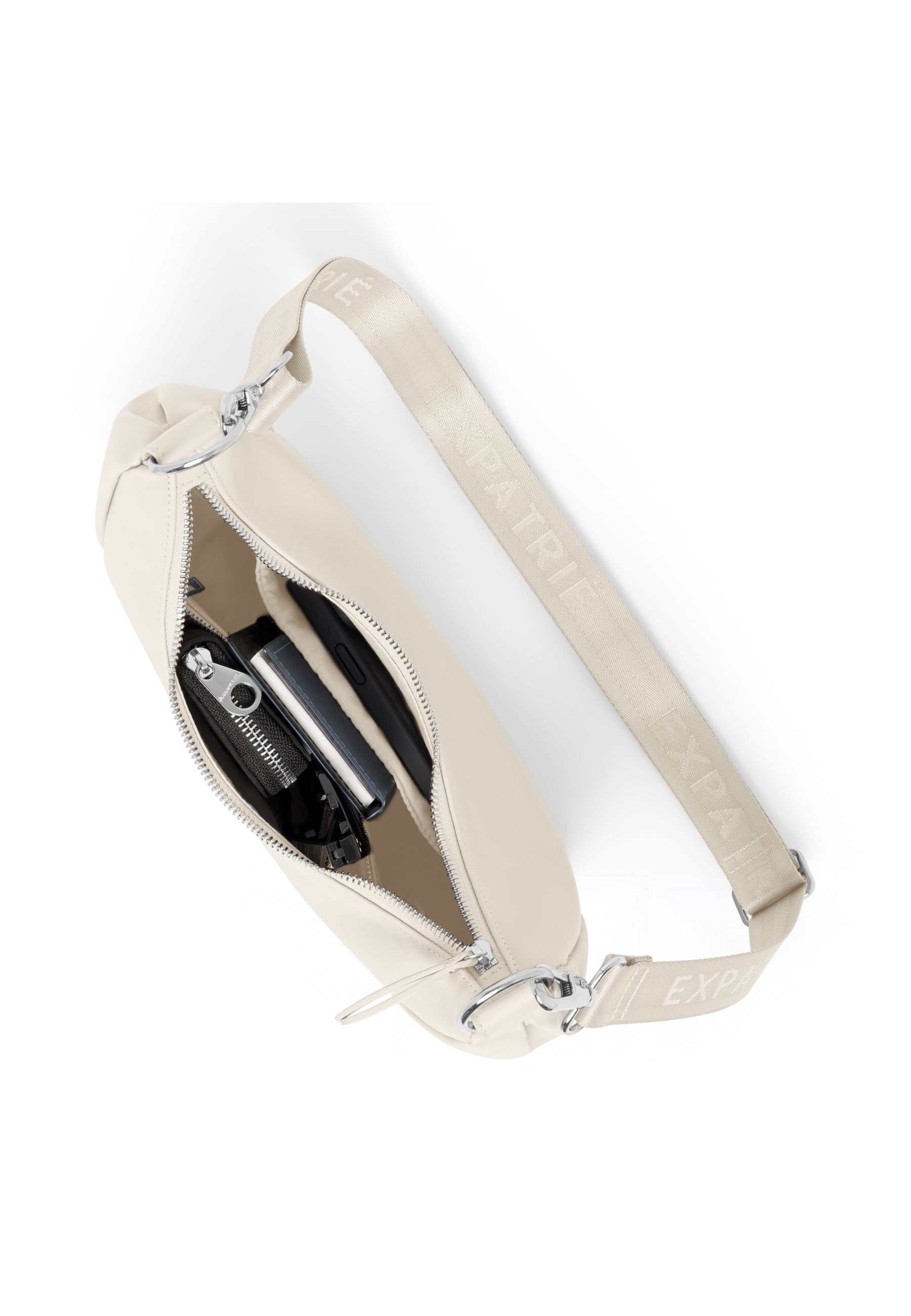 Beige LEA SMALL Half Moon Bag aus Kunstleder mit verstellbarem Gurt und sichtbarem Innenfach mit Reißverschlusstasche