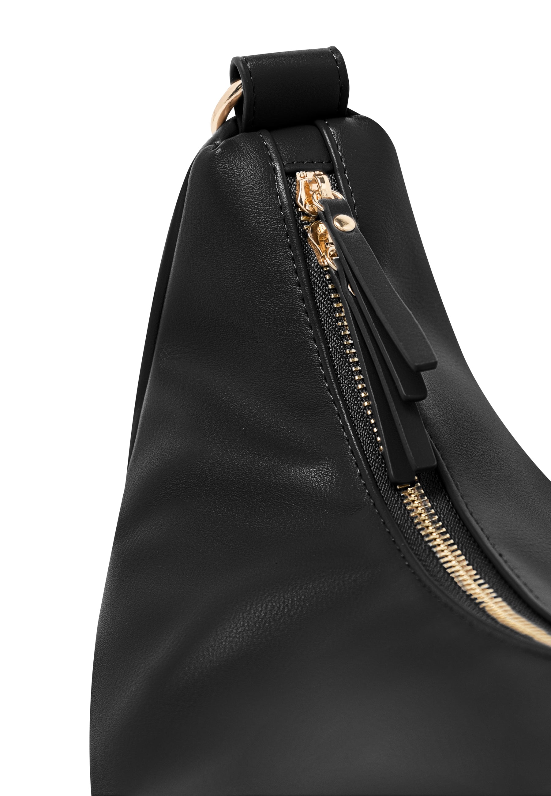 Schwarze LEA MEDIUM Half Moon Tasche aus Kunstleder mit goldfarbenem Reißverschluss