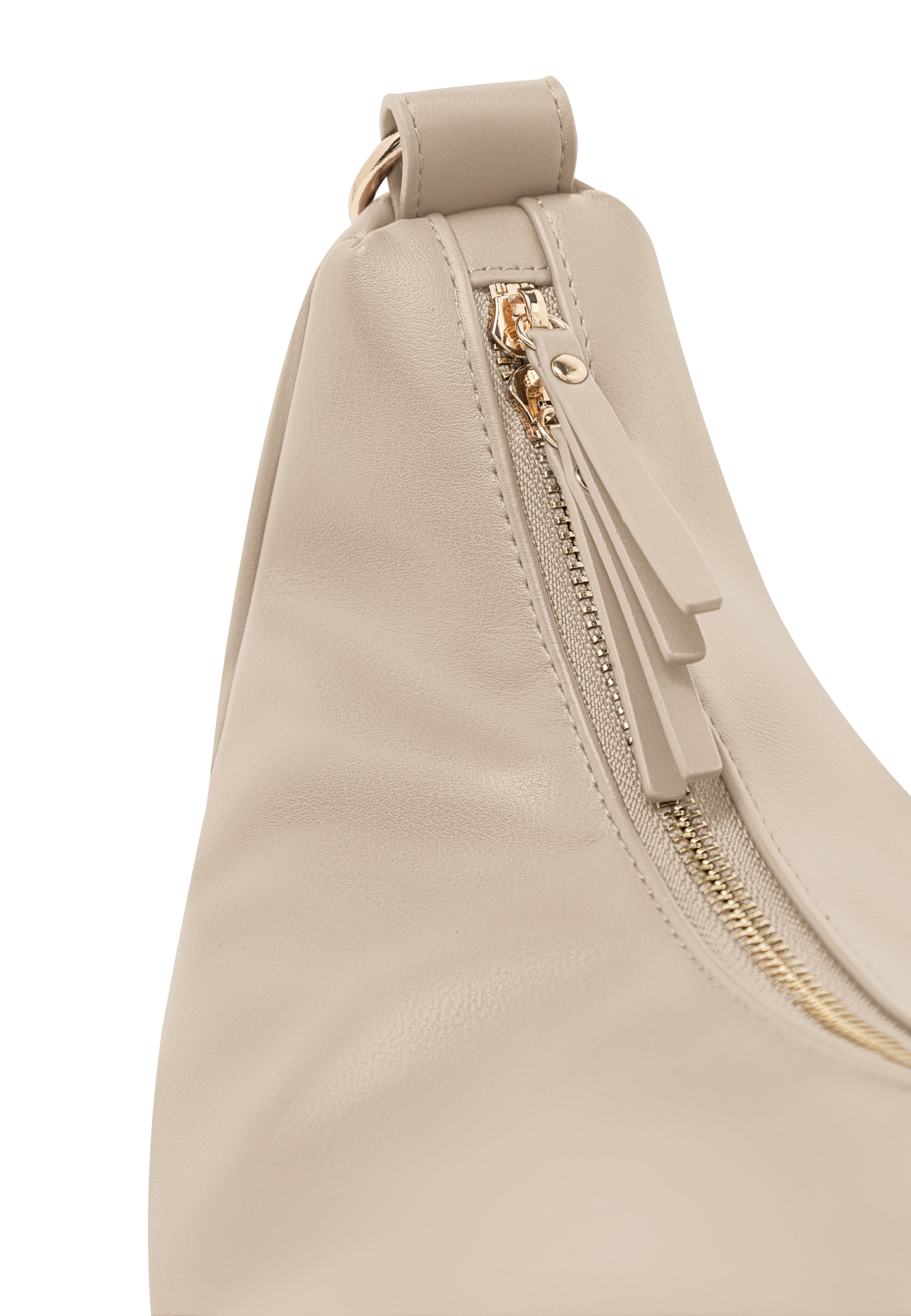LEA Medium Half Moon Bag aus beigem Kunstleder mit Reißverschluss und Quasten
