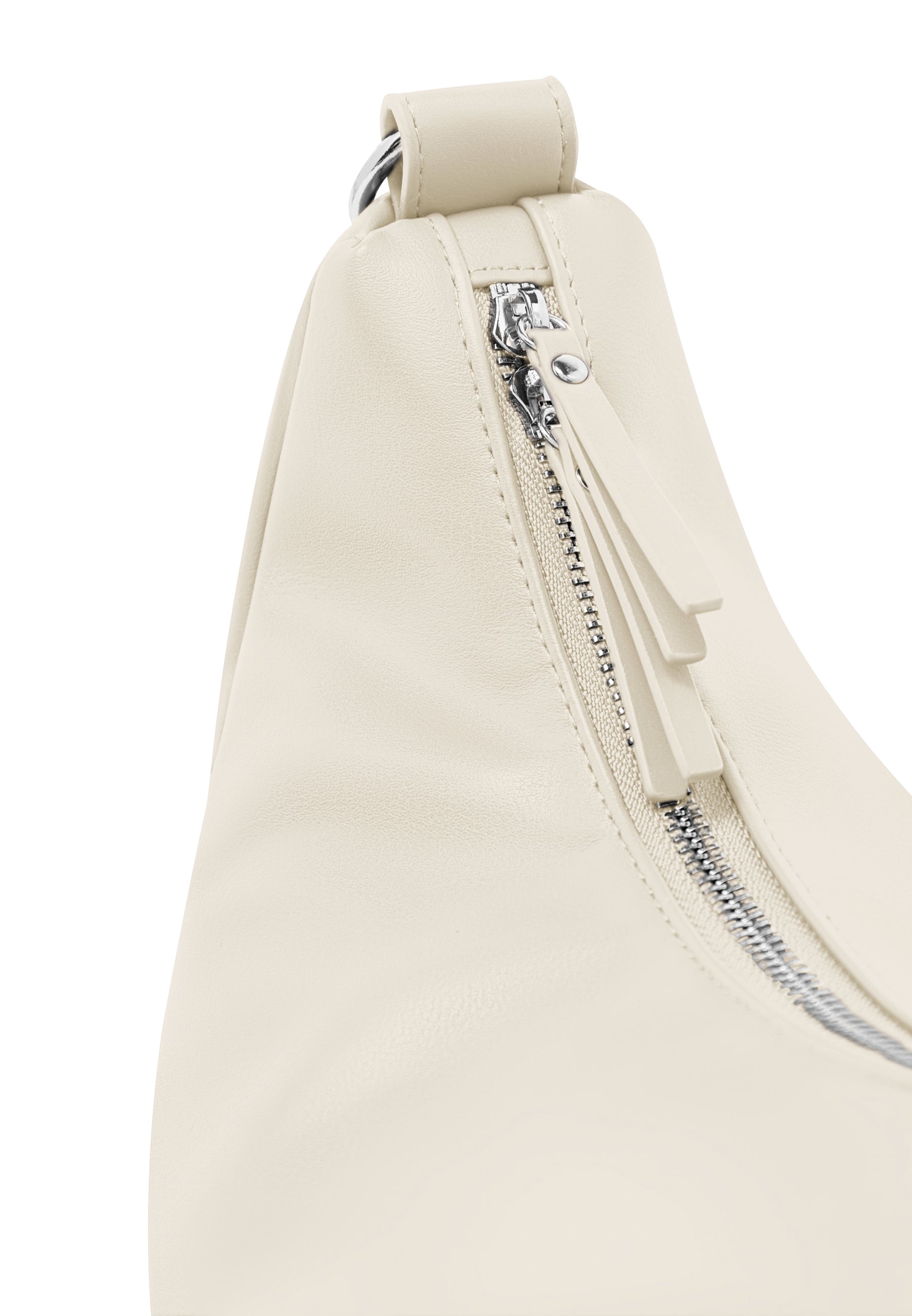 LEA Medium Halbmond-Tasche aus beigem Kunstleder mit sichtbarem Reißverschluss am oberen Rand