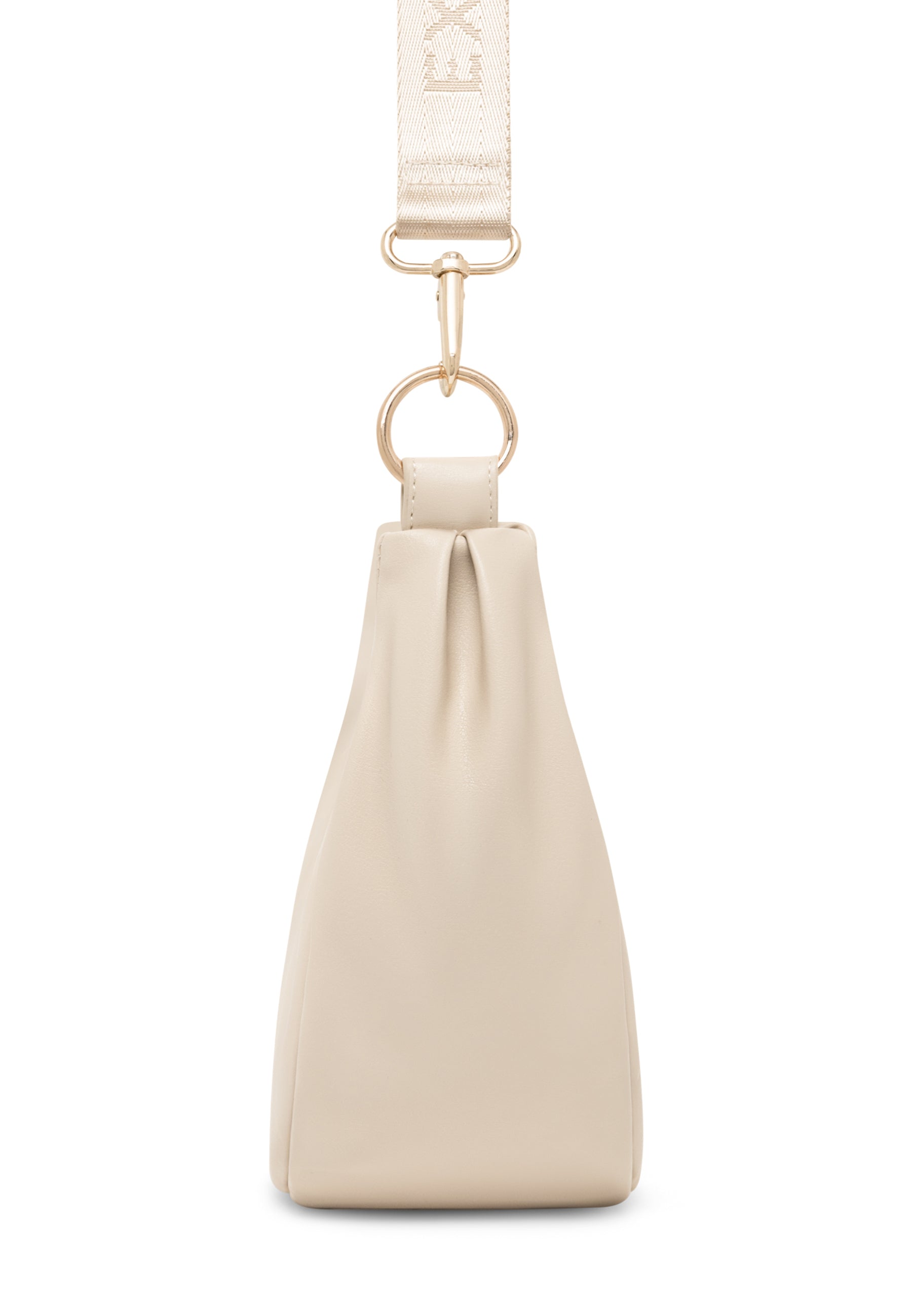 Beige LEA SMALL Half Moon Bag von Expatrié mit goldfarbenen Metallringen und cremefarbenem Träger mit Logo
