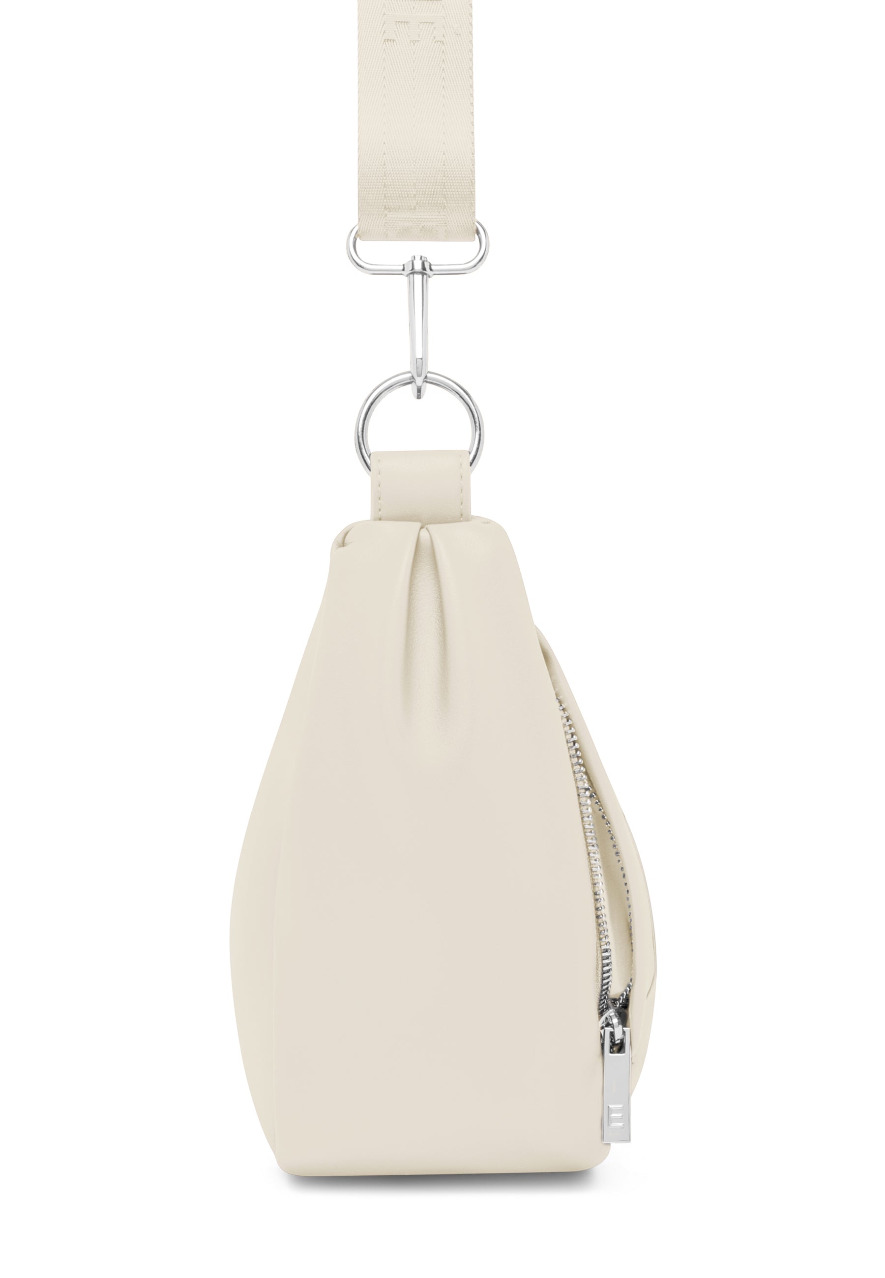 LEA Medium Halbmond-Tasche in creme, sichtbarer seitlicher Reißverschluss, breite verstellbare Schulterriemenbefestigung mit Metallringen