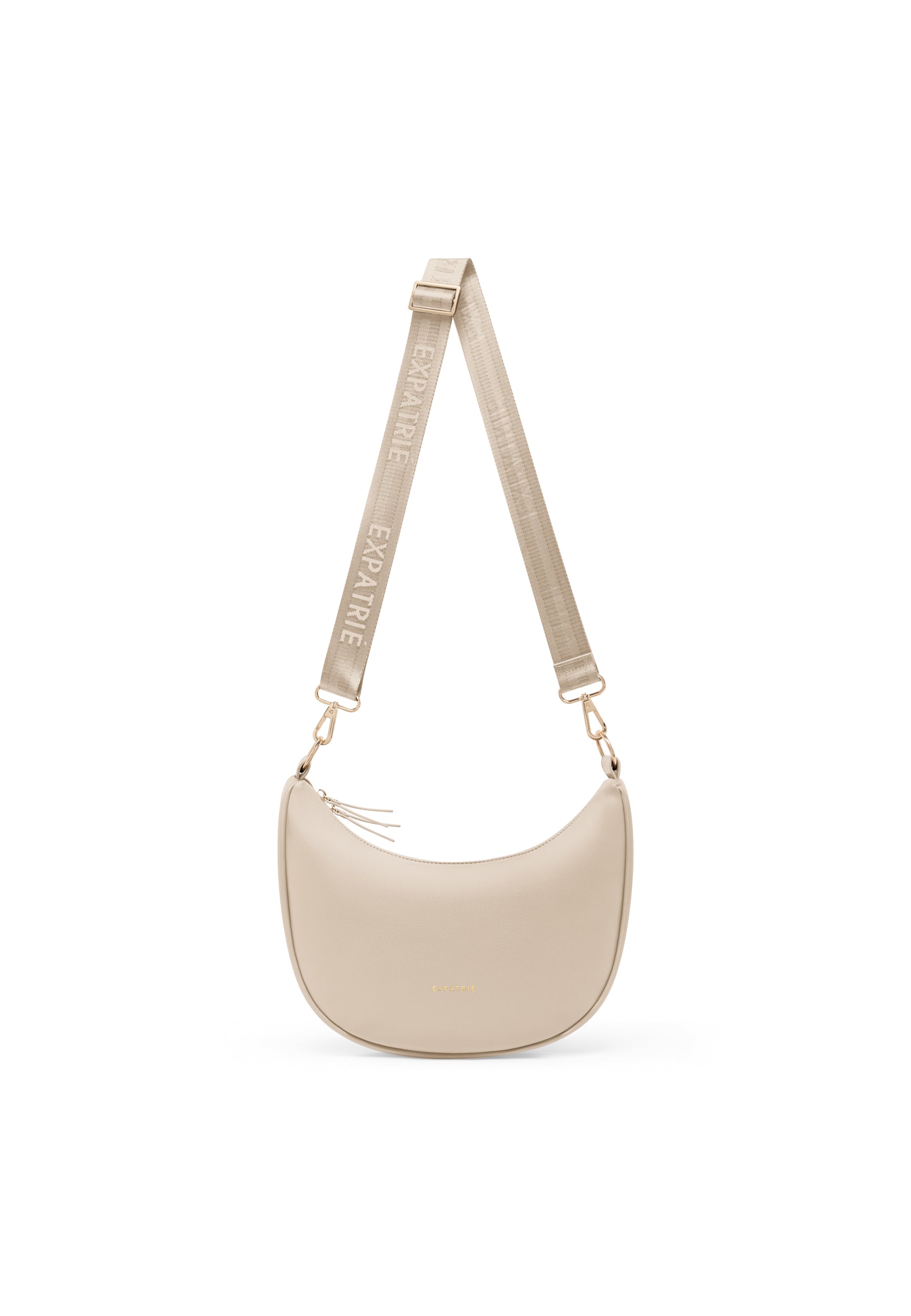 Beige Expatrié LEA Medium Half Moon Bag mit abnehmbarem breitem Schulterriemen