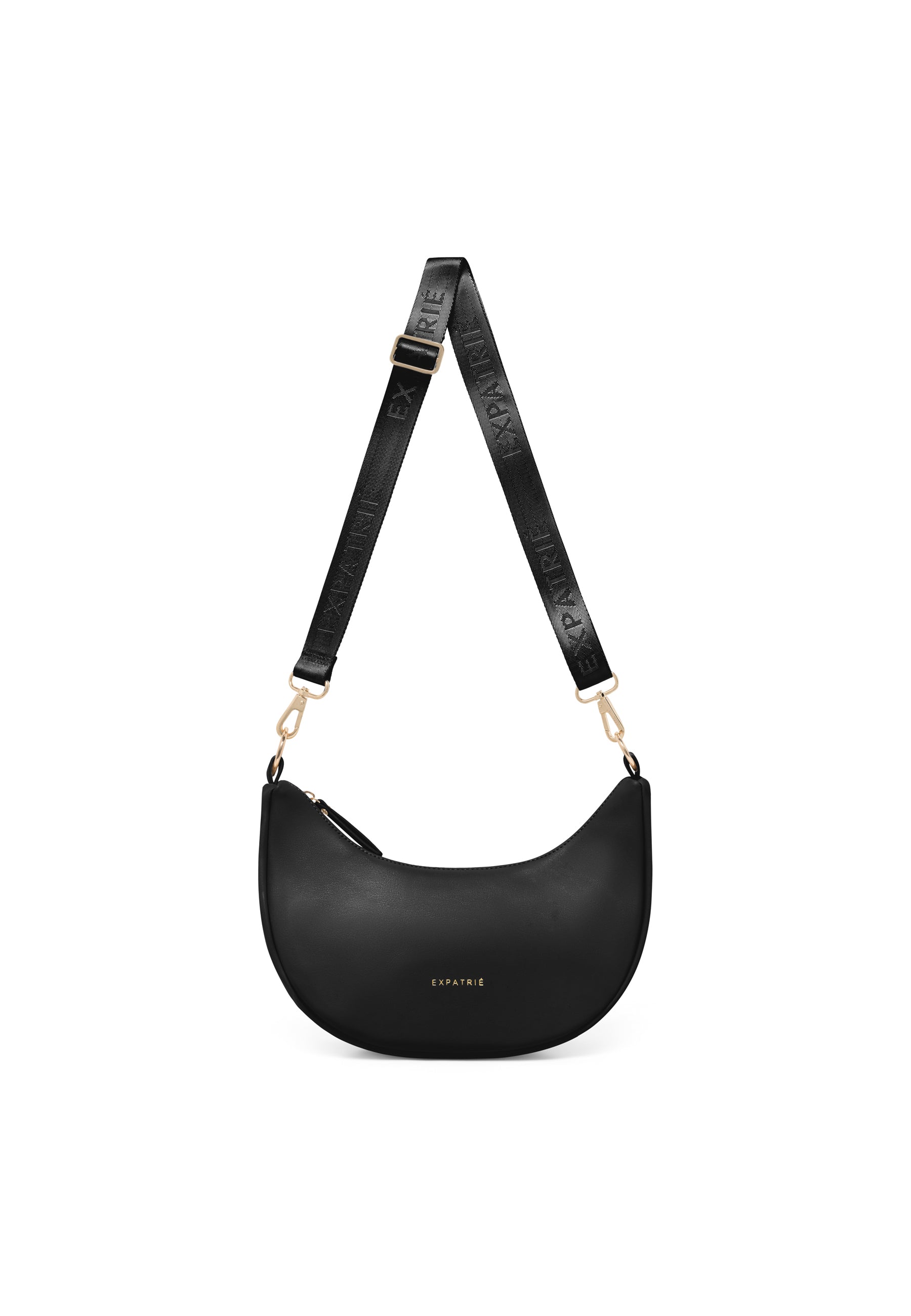 Schwarze LEA SMALL Half Moon Bag mit geprägtem verstellbarem Schultergurt und goldfarbenen Beschlägen