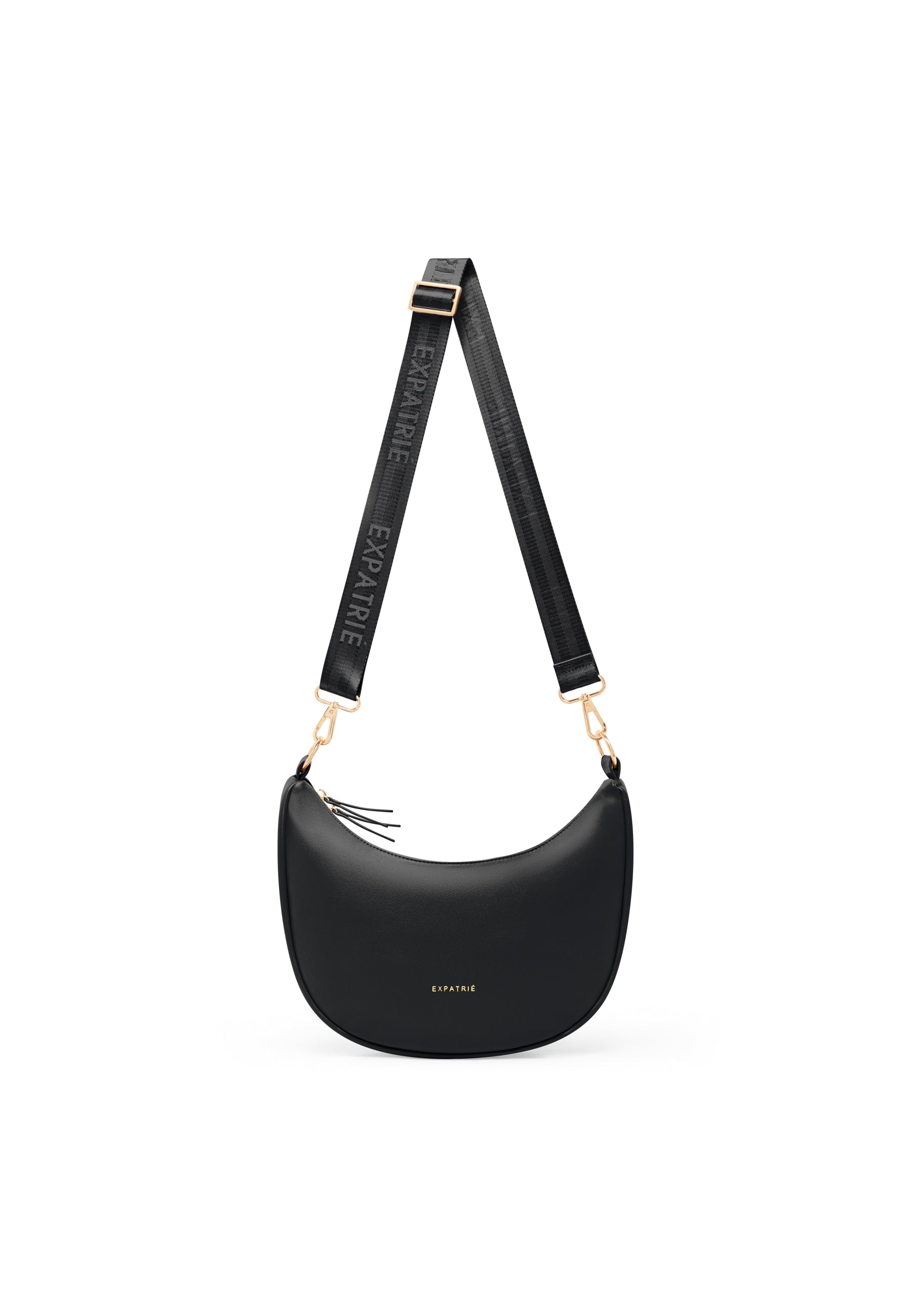 Schwarze LEA MEDIUM Half Moon Tasche für Damen mit abnehmbarem Gurt und goldfarbenen Details