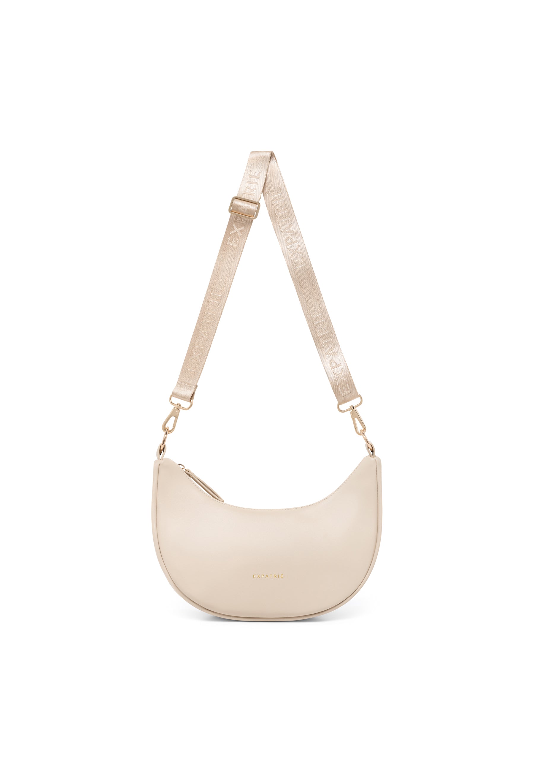 Beige LEA SMALL Halbmondtasche mit verstellbarem Gurt mit 'EXPATRIÉ' Schriftzug