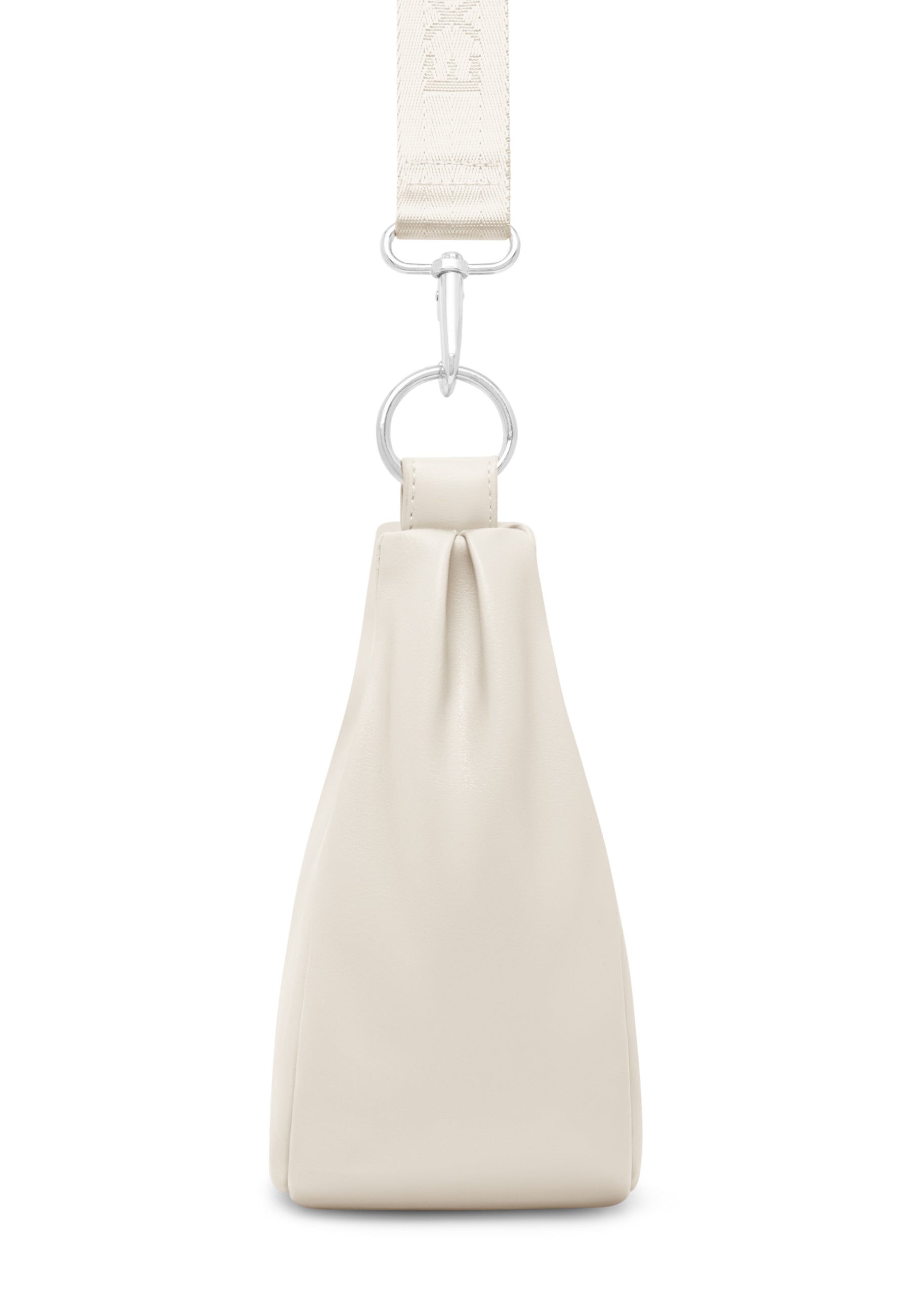 LEA SMALL Half Moon Bag in cremefarben mit verstellbarem Schulterriemen und silbernen Metallringen