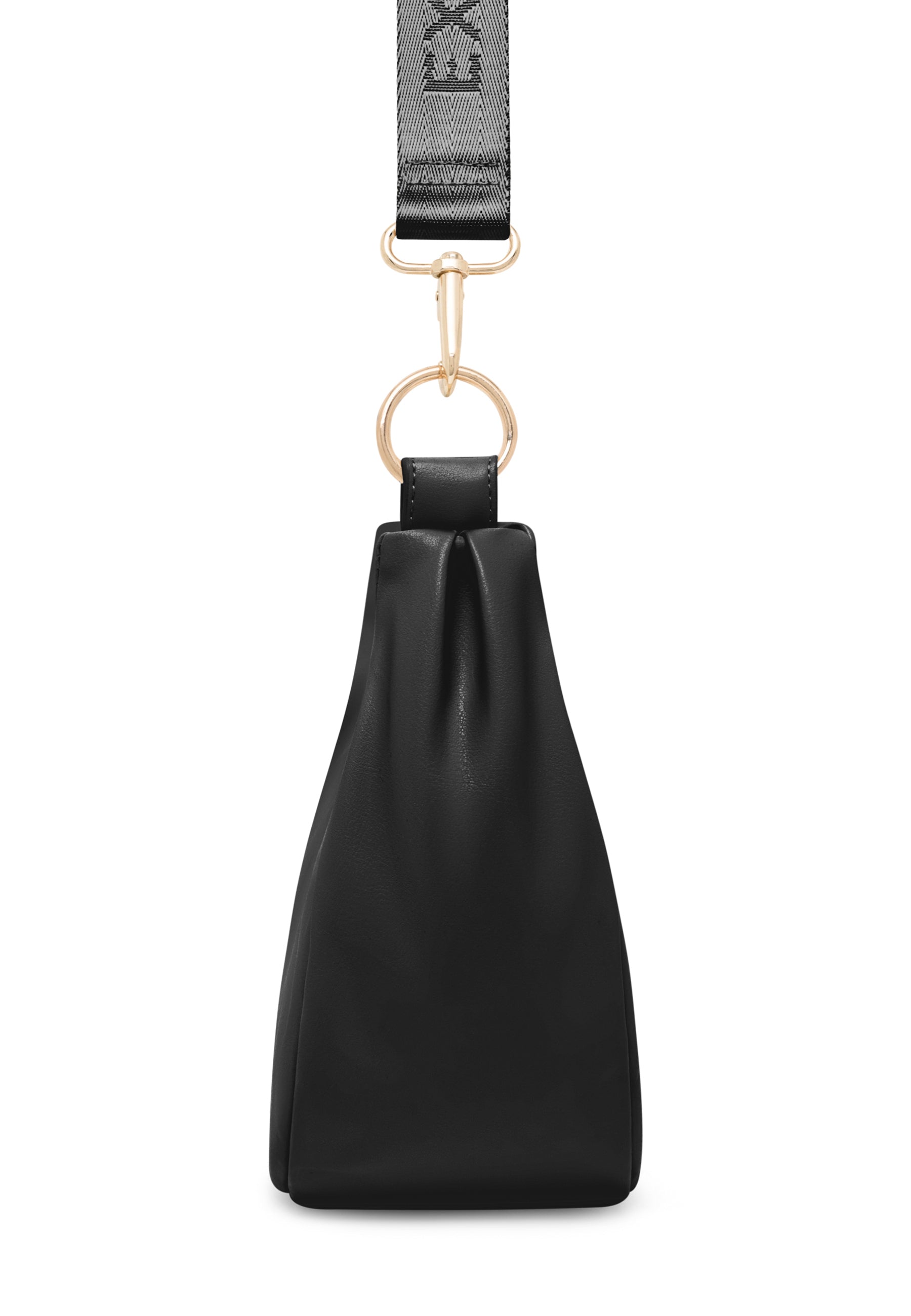 Schwarze LEA SMALL Halbmondtasche mit goldfarbenen Details und schwarzem Träger mit Logo